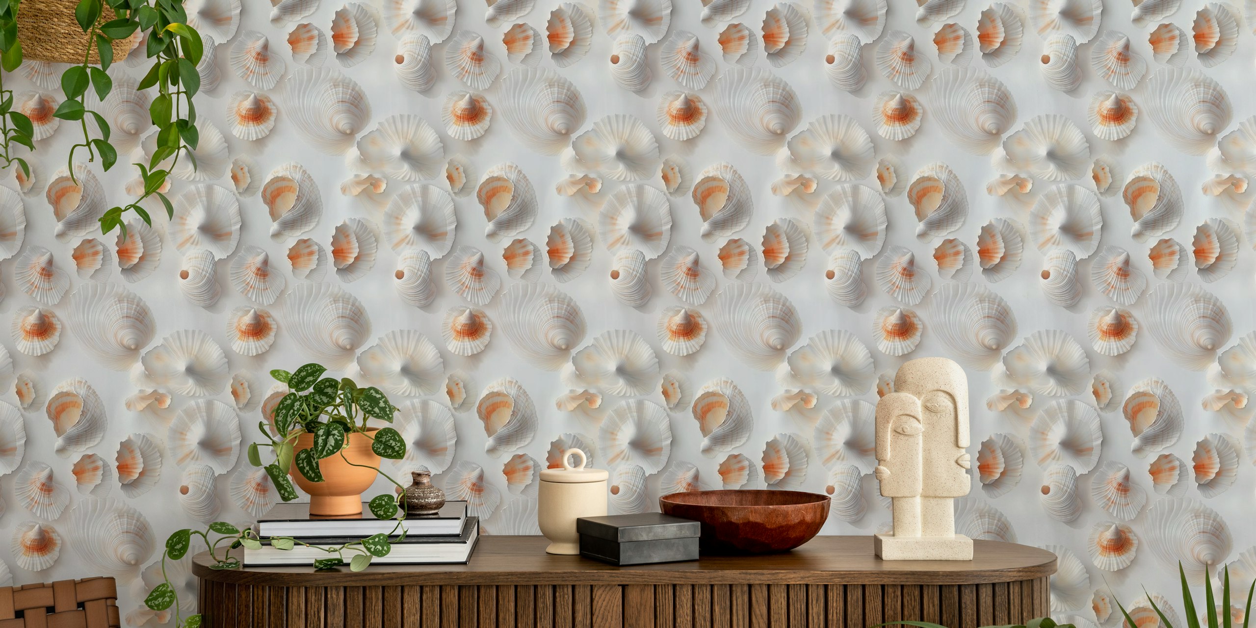 White sea shells with soft orange accents on a light background wallpaper