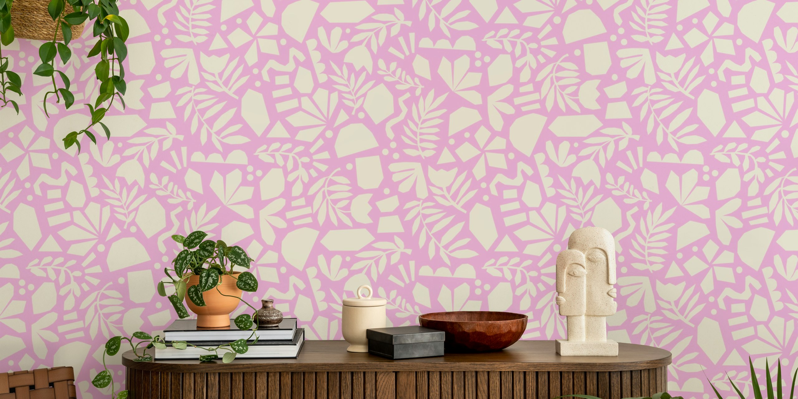 Floral abstract light pink wallpaper in a room