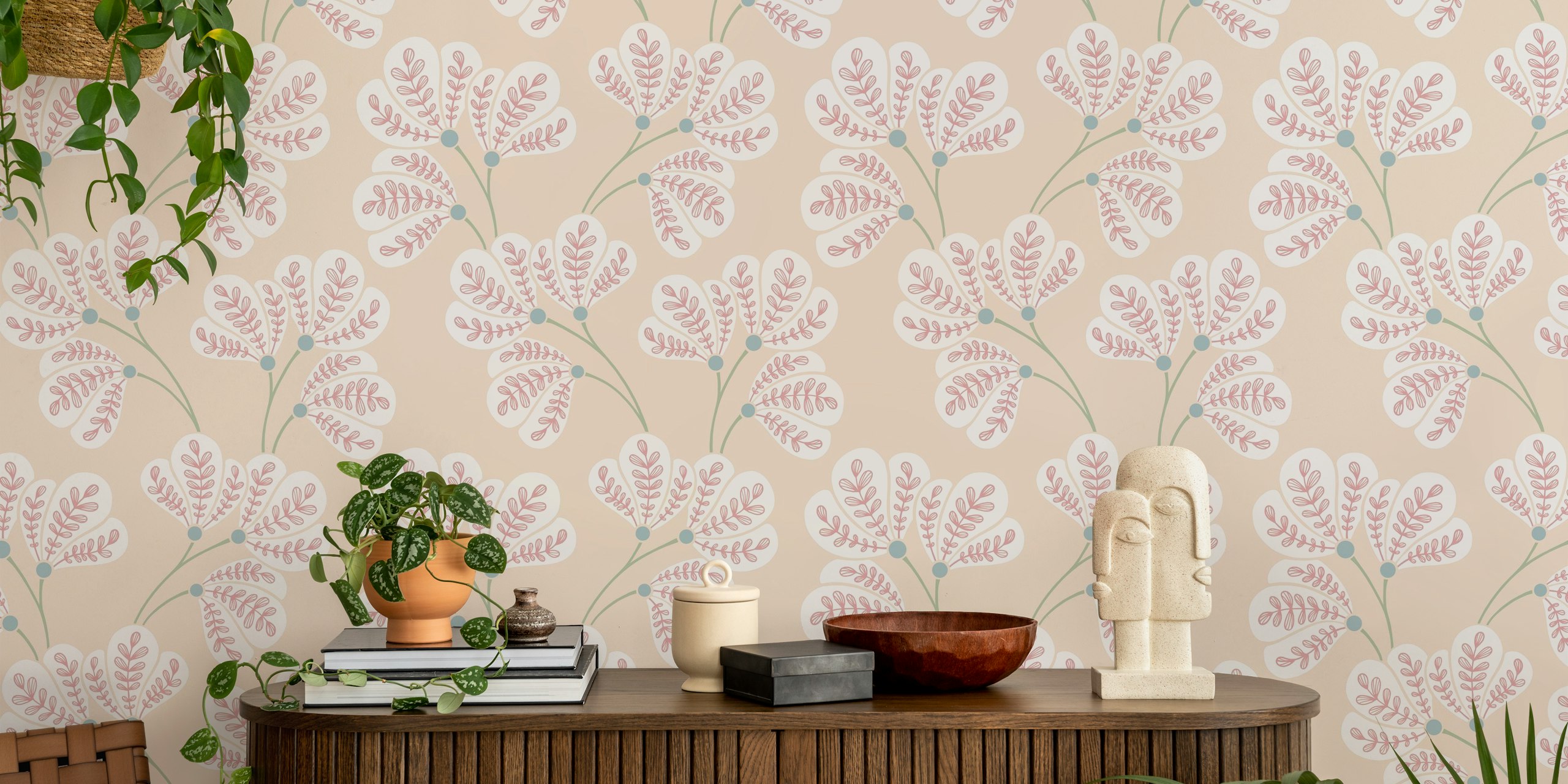 Olivia Folk Art Leaves wallpaper in een kamer