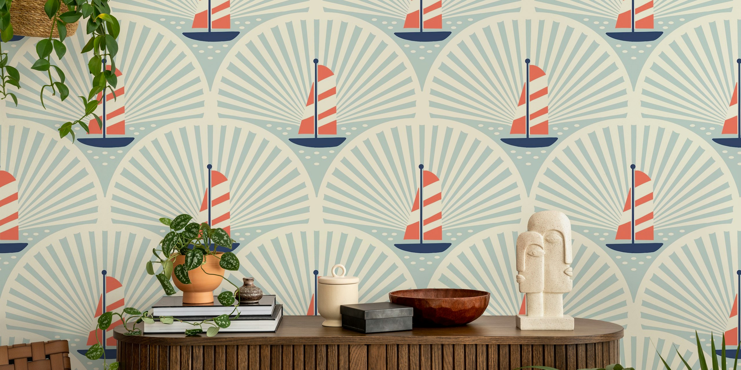 Sailboats with red sails on blue background wallpaper