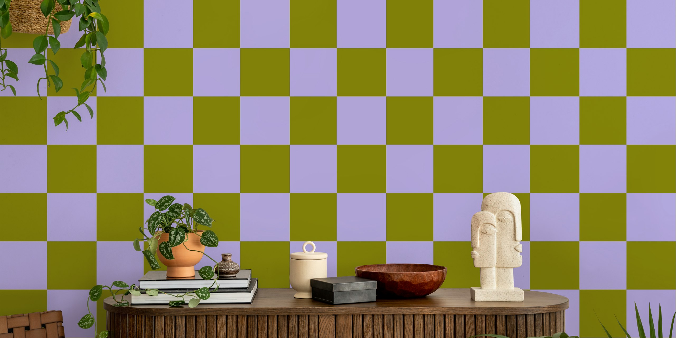 Papel de parede Two-Tone Checkered Olive Green and Lavender em um quarto