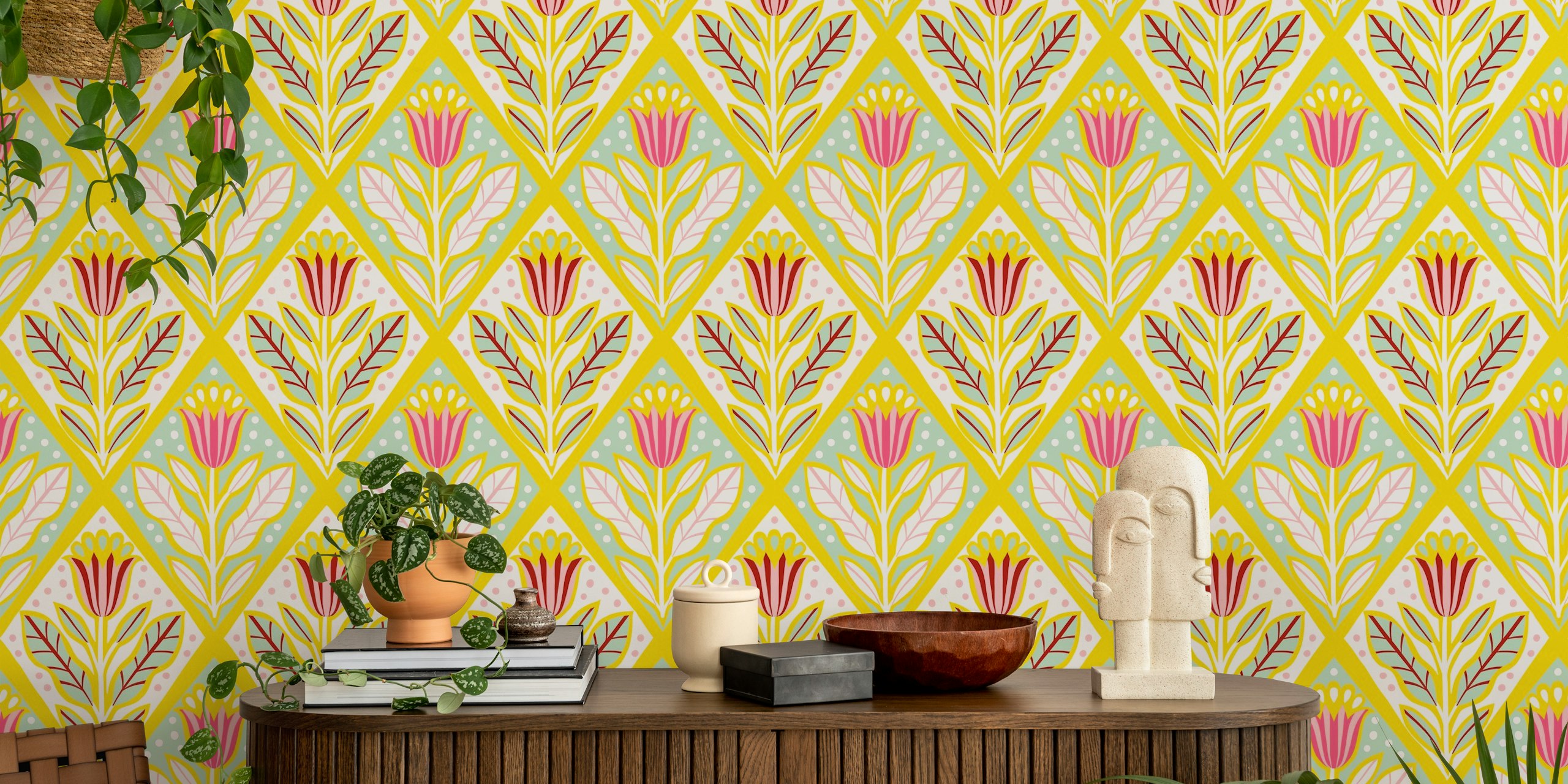 Diamond floral wallpaper design huoneessa.