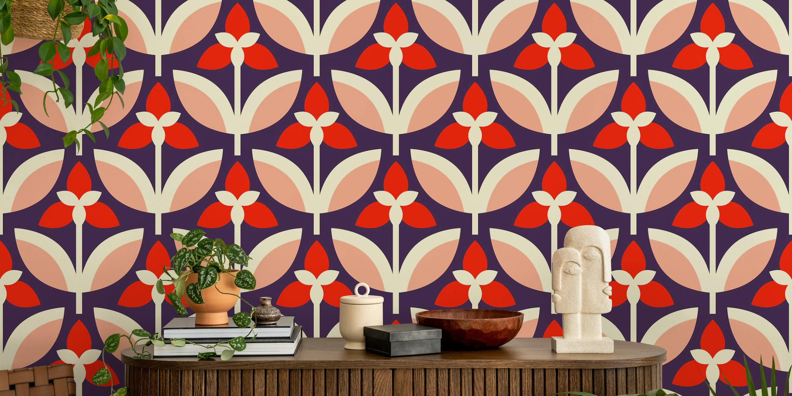 Navy and coral floral wallpaper design