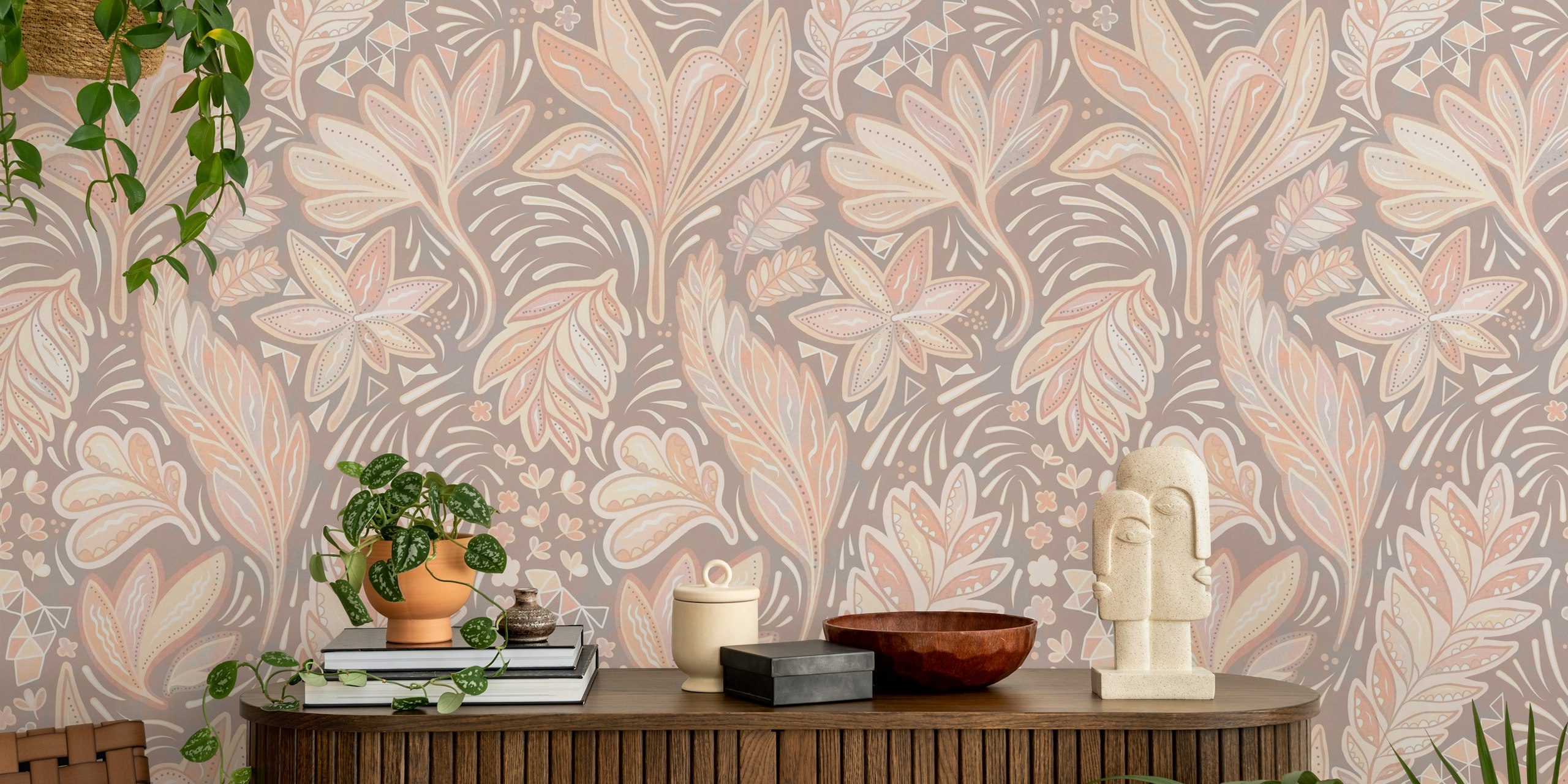 Pastel floral patterns in soft colors on beige background wallpaper