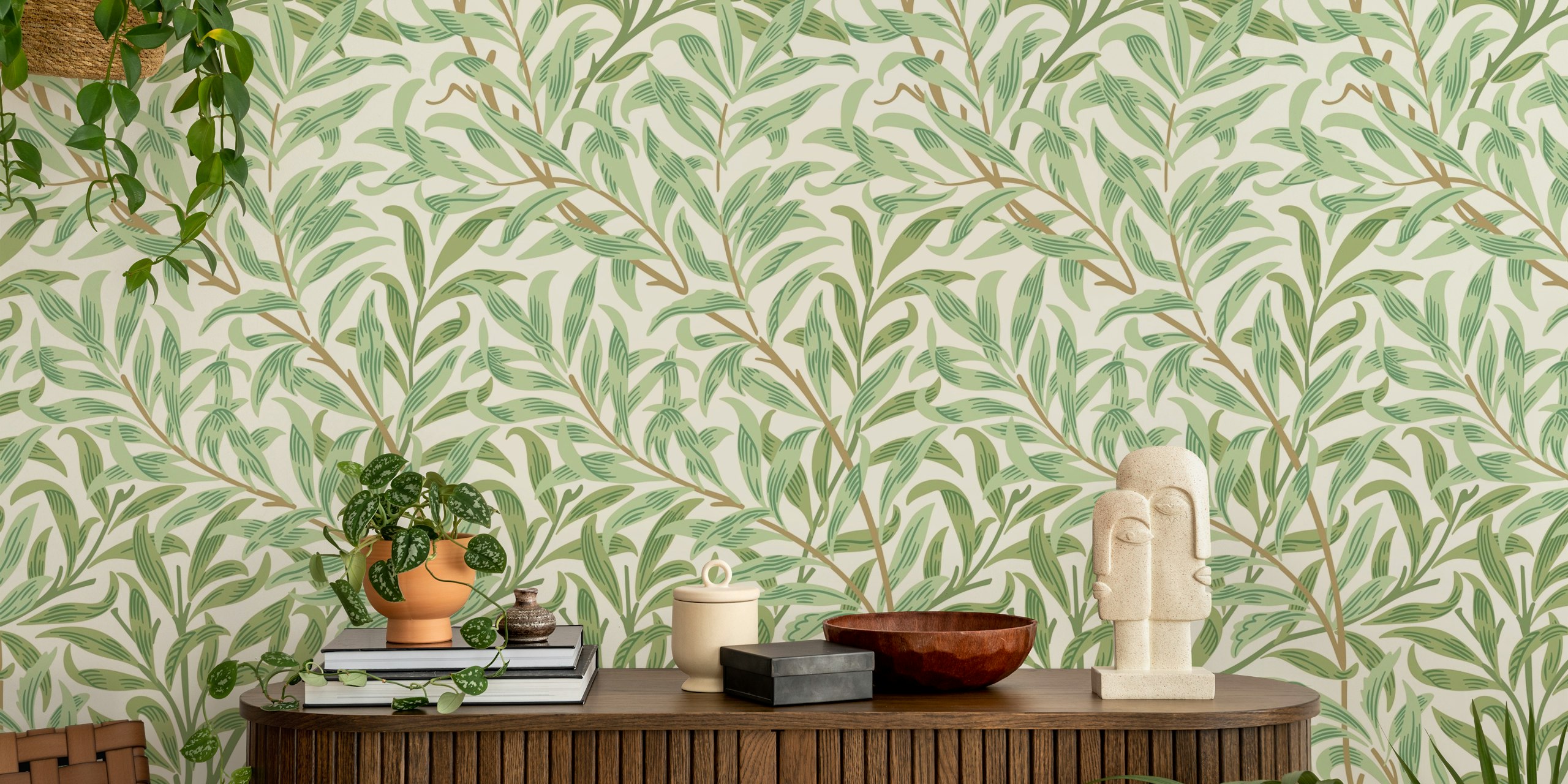 Botanical wallpaper design in a room
