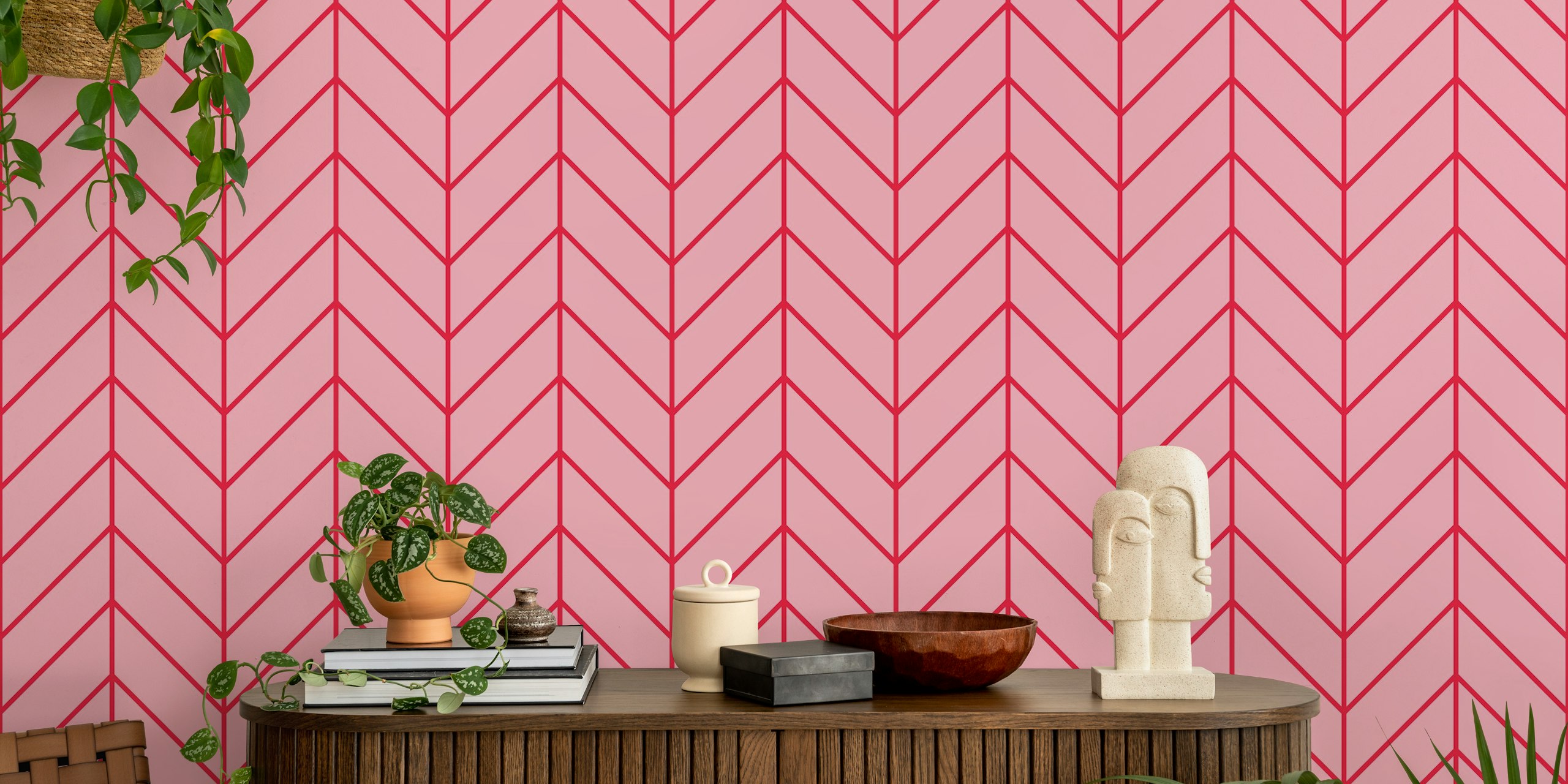 Chevron pattern wallpaper in pink and red
