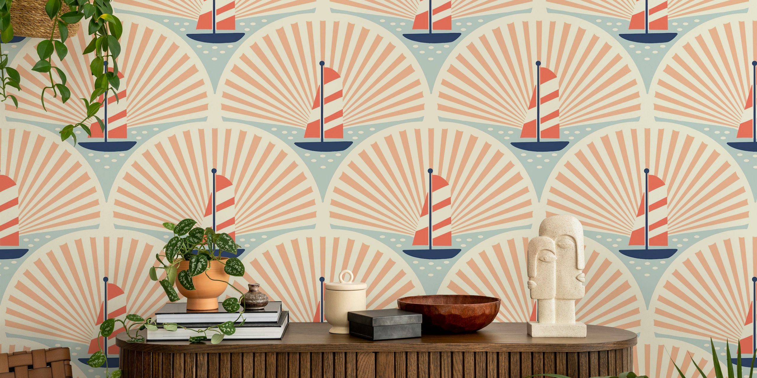 Sailboats with striped sails in a rose sunrise pattern wallpaper