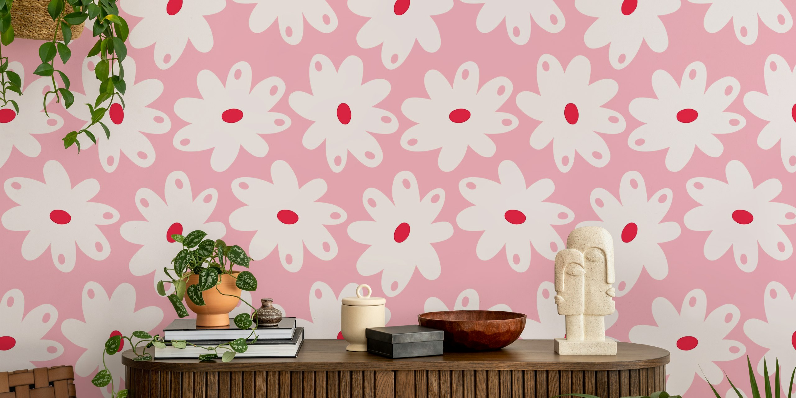 Happy Daisies pink and crimson red wallpaper