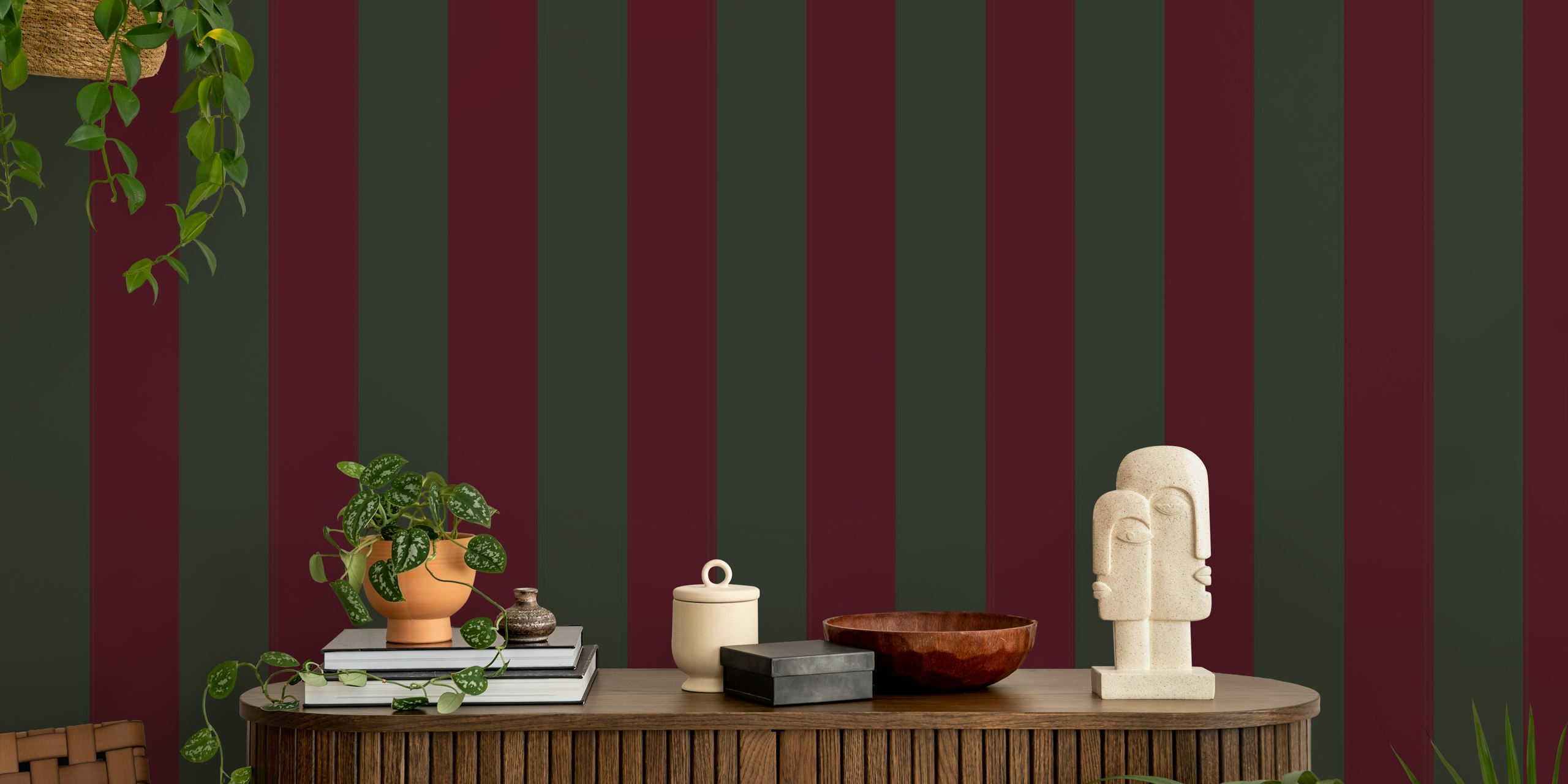Dark green and burgundy boho stripes wallpaper