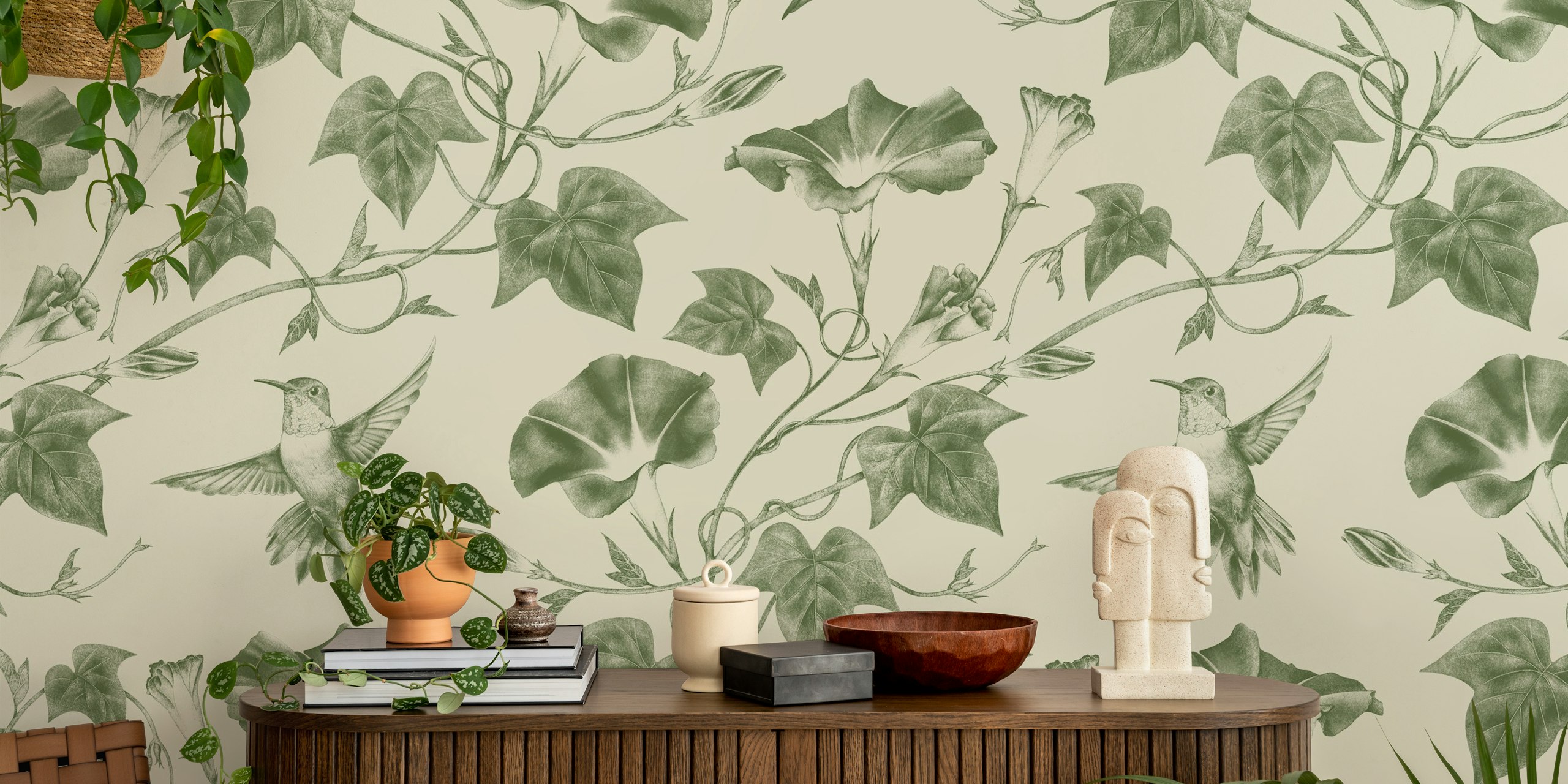 Ipomoea Toile in Olive Green wallpaper in a room