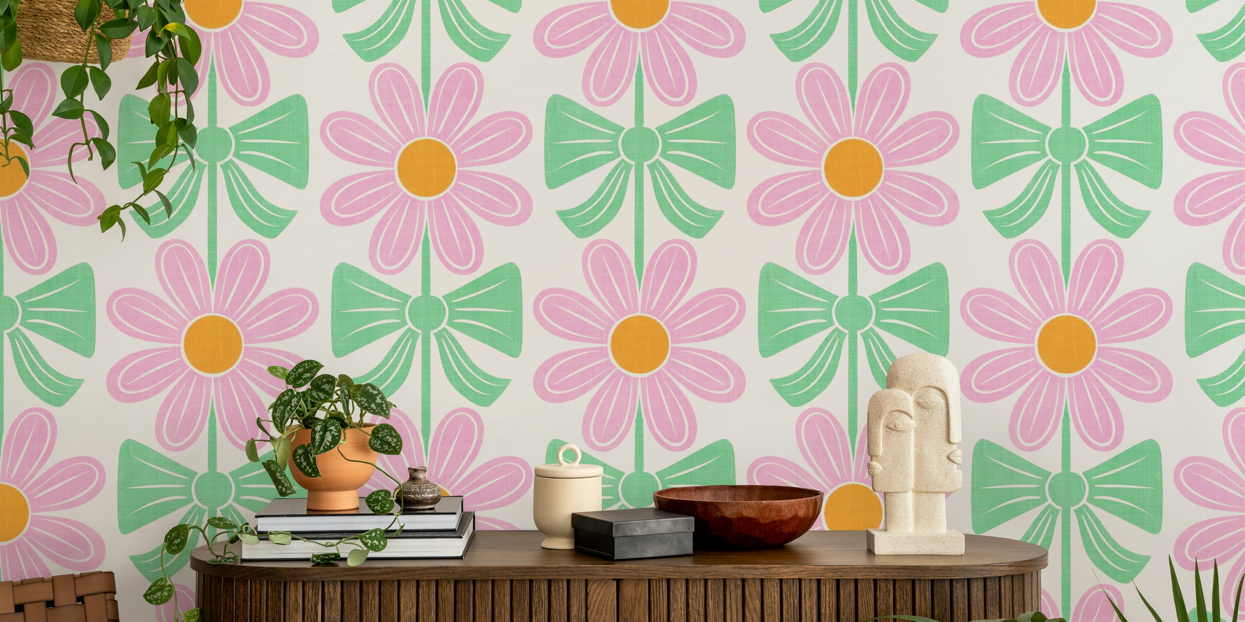 Floral tapetdesign med rosetter i ett rum
