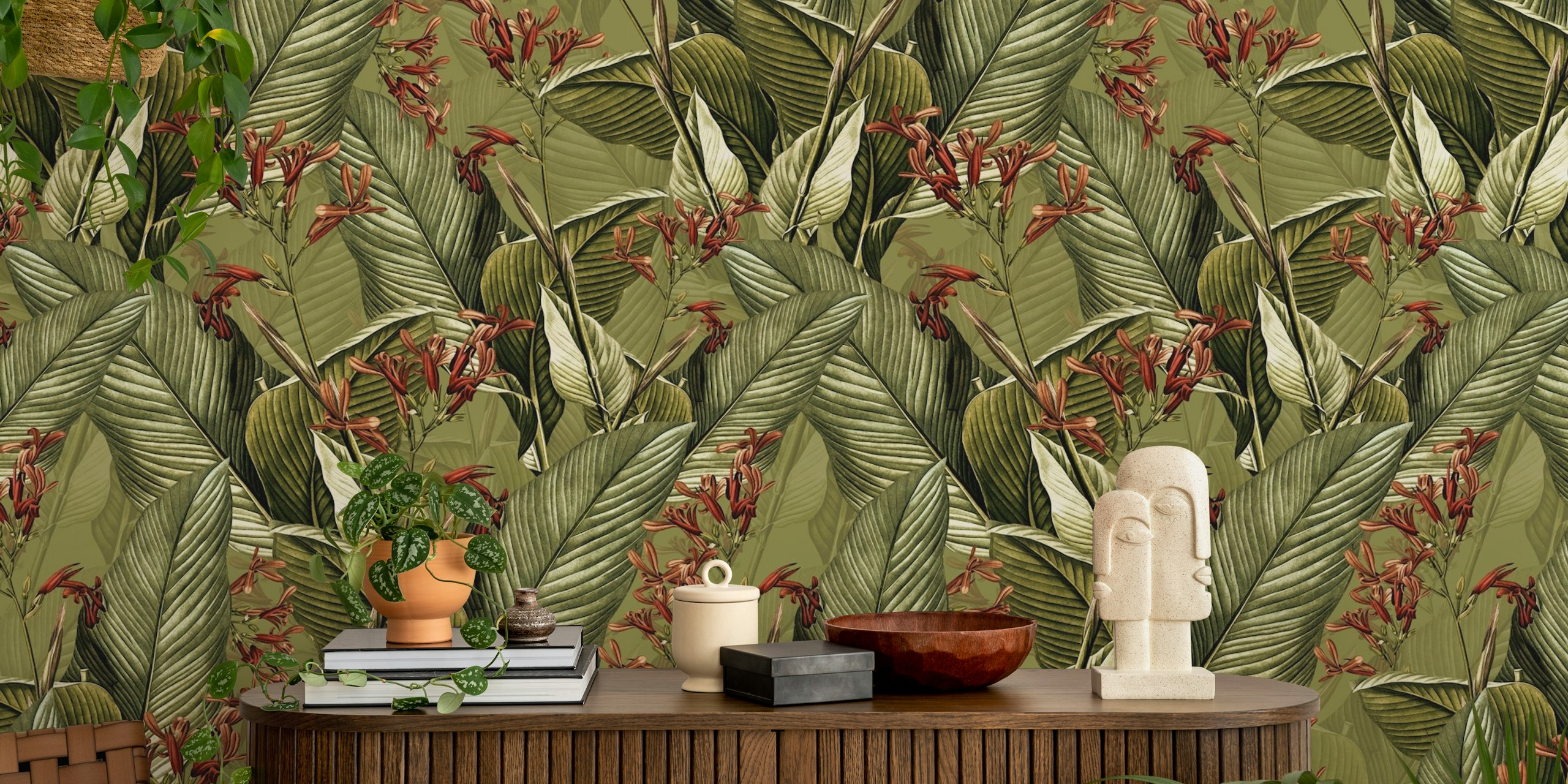 Tropical banana leaves and orange flowers on green background wallpaper