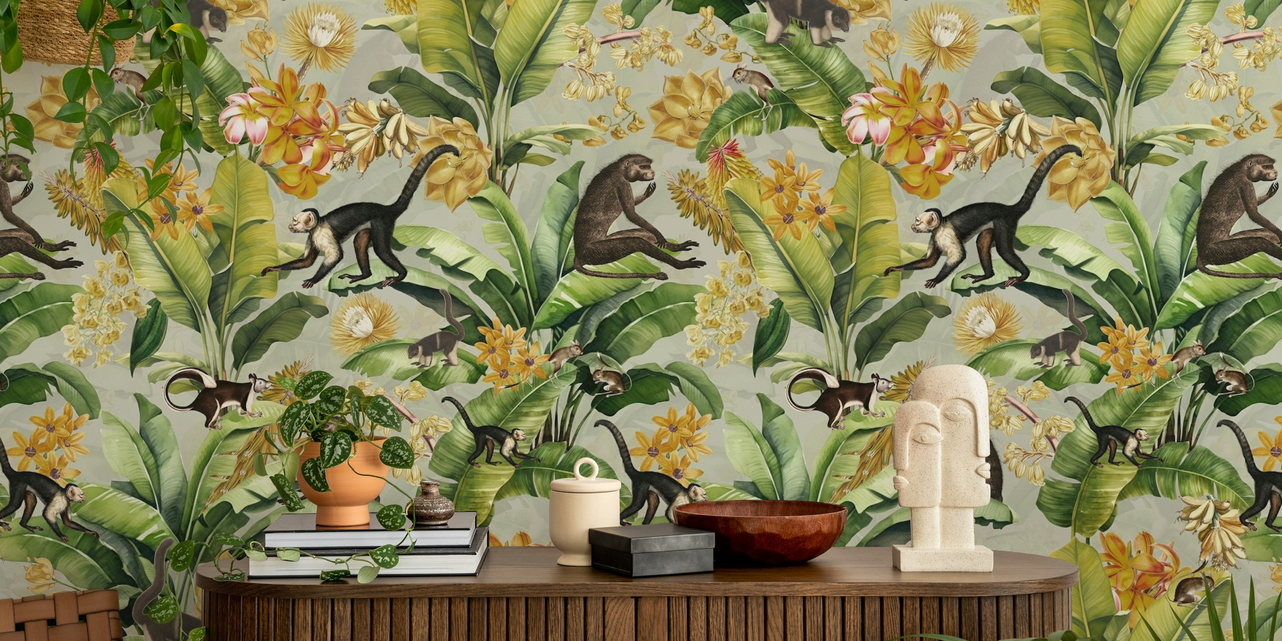 Vintage monkey wallpaper in a tropical setting