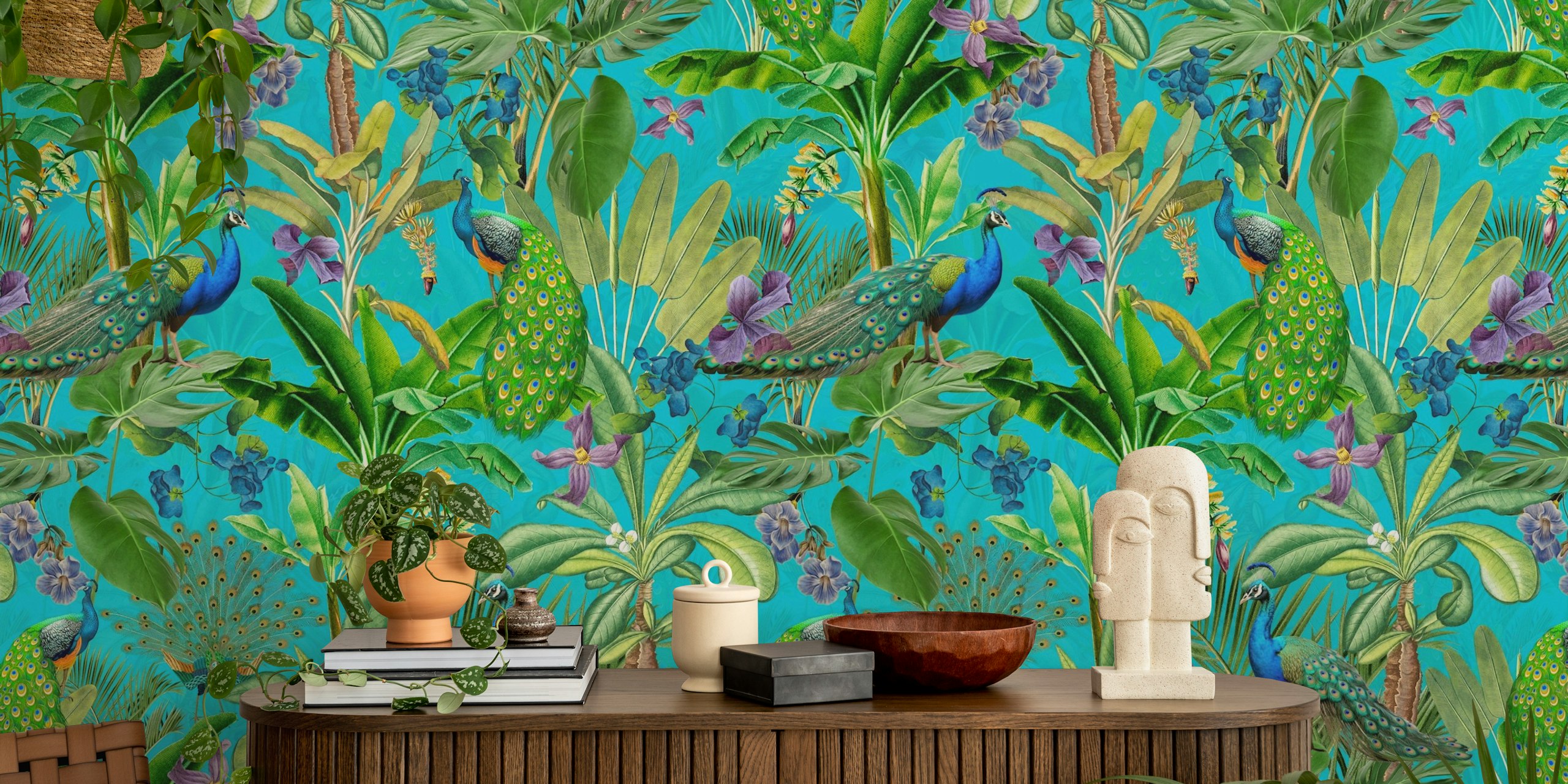 Design de papier peint tropical Rainforest Vintage Peacock