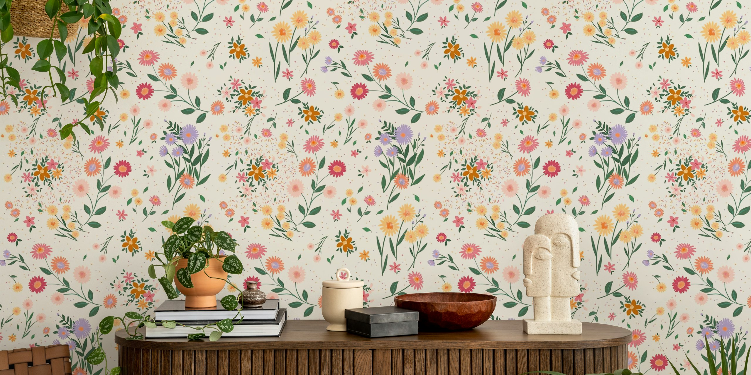 Floral wallpaper with colorful flowers in a room
