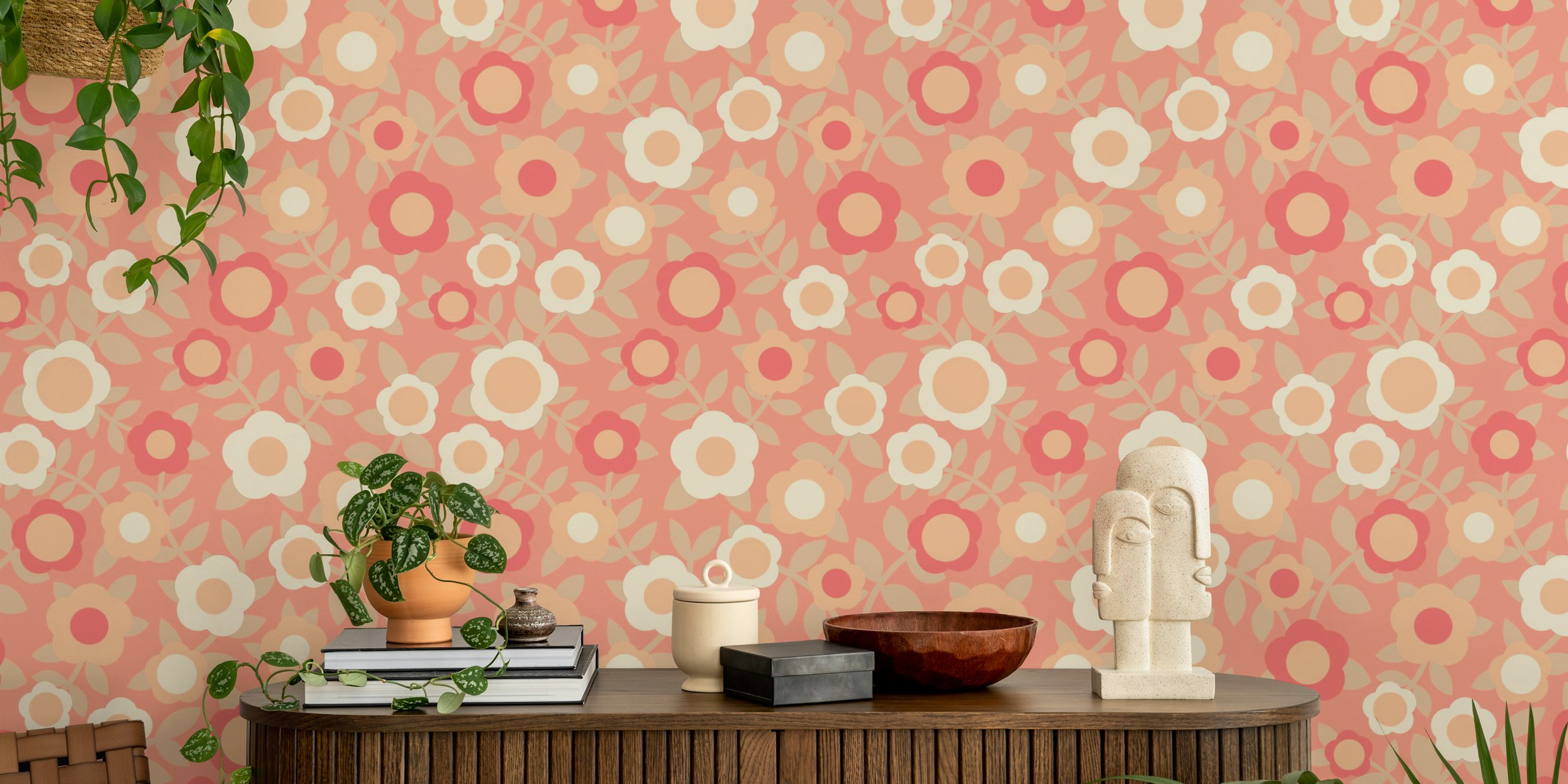 Floral patterns with peach and pink tones on wallpaper