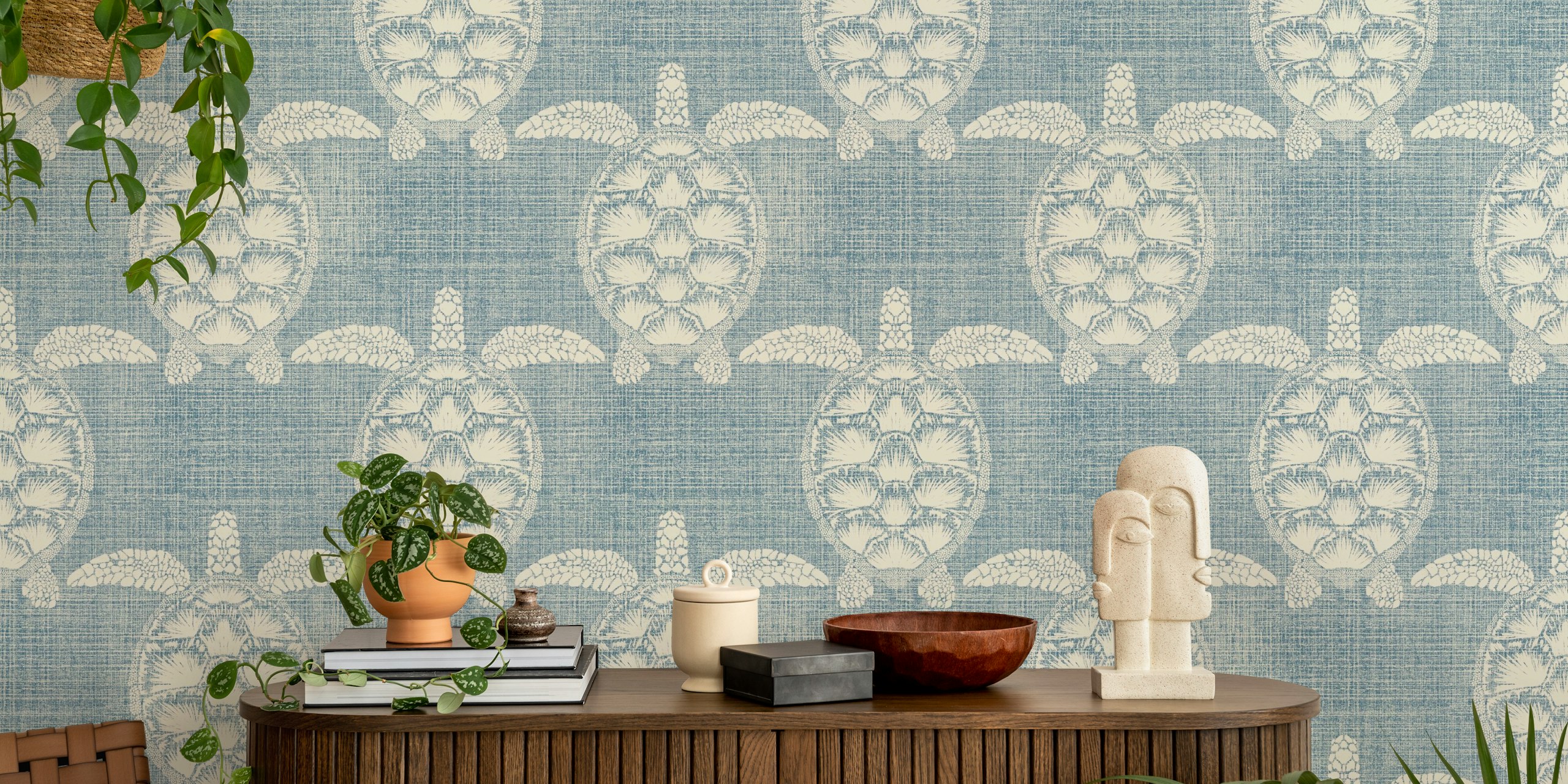 Denim blue sea turtle wallpaper in a room