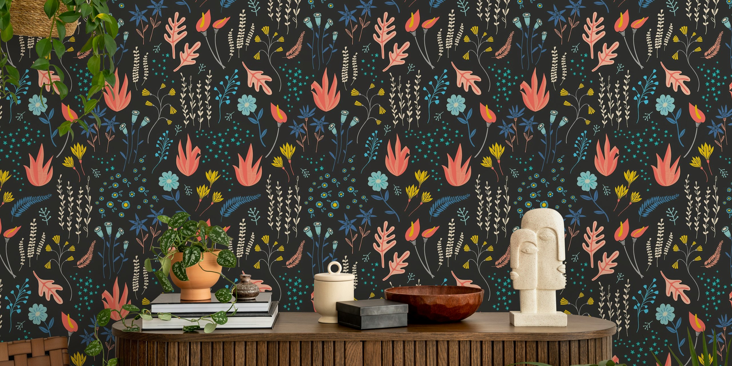 Moody florals wallpaper in a room setting
