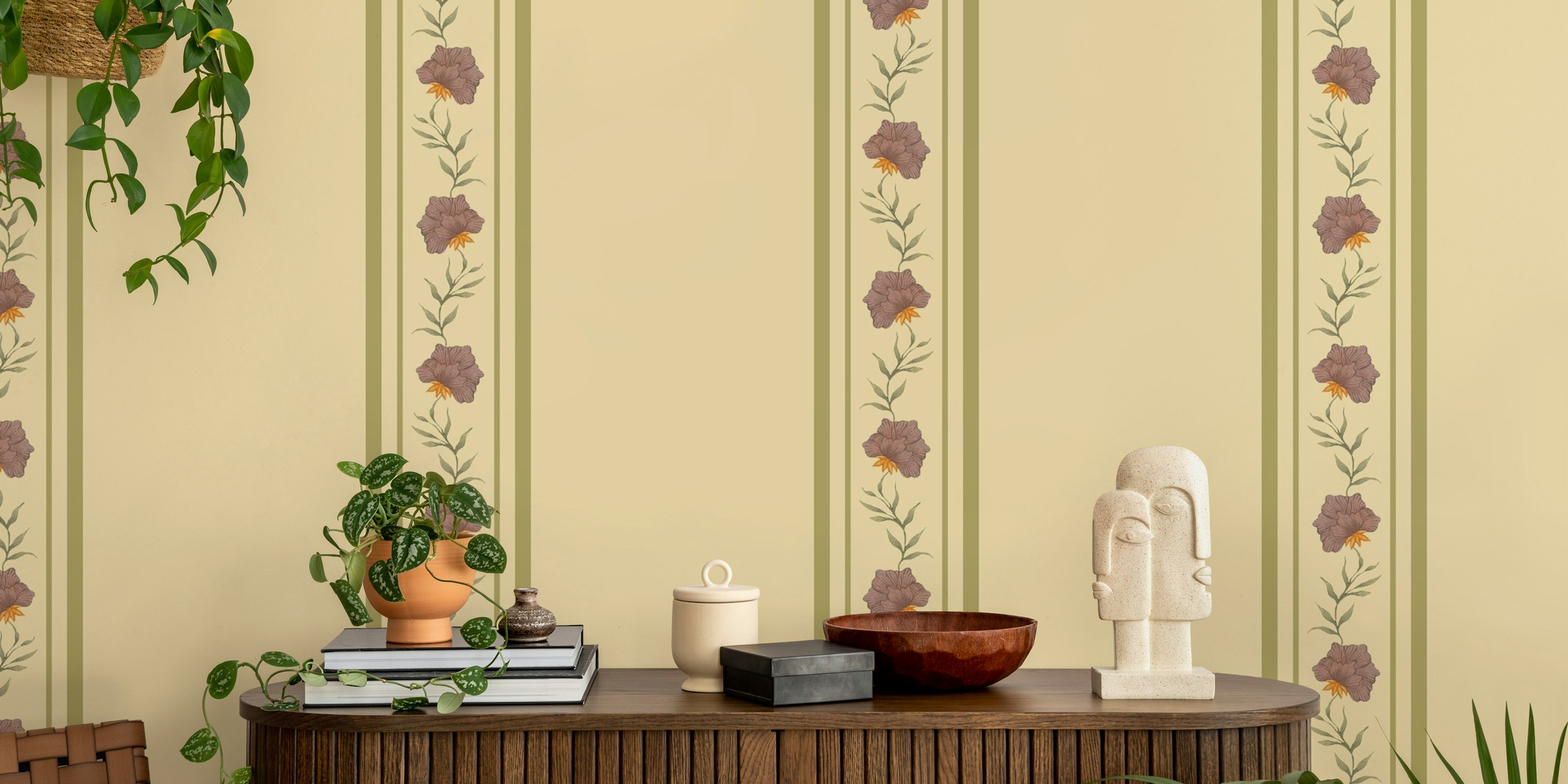 Floral striped wallpaper in yellow with purple flowers