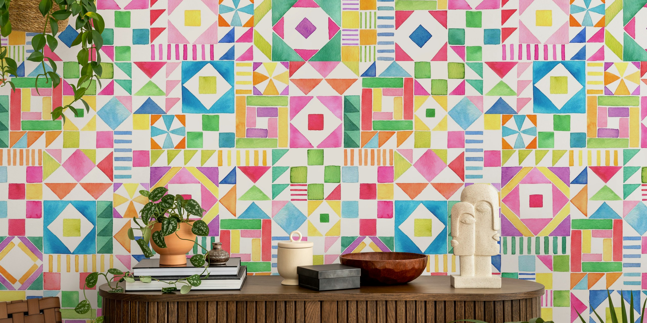 Fargerik Joyful Geometric Patchwork-tapet i et rom