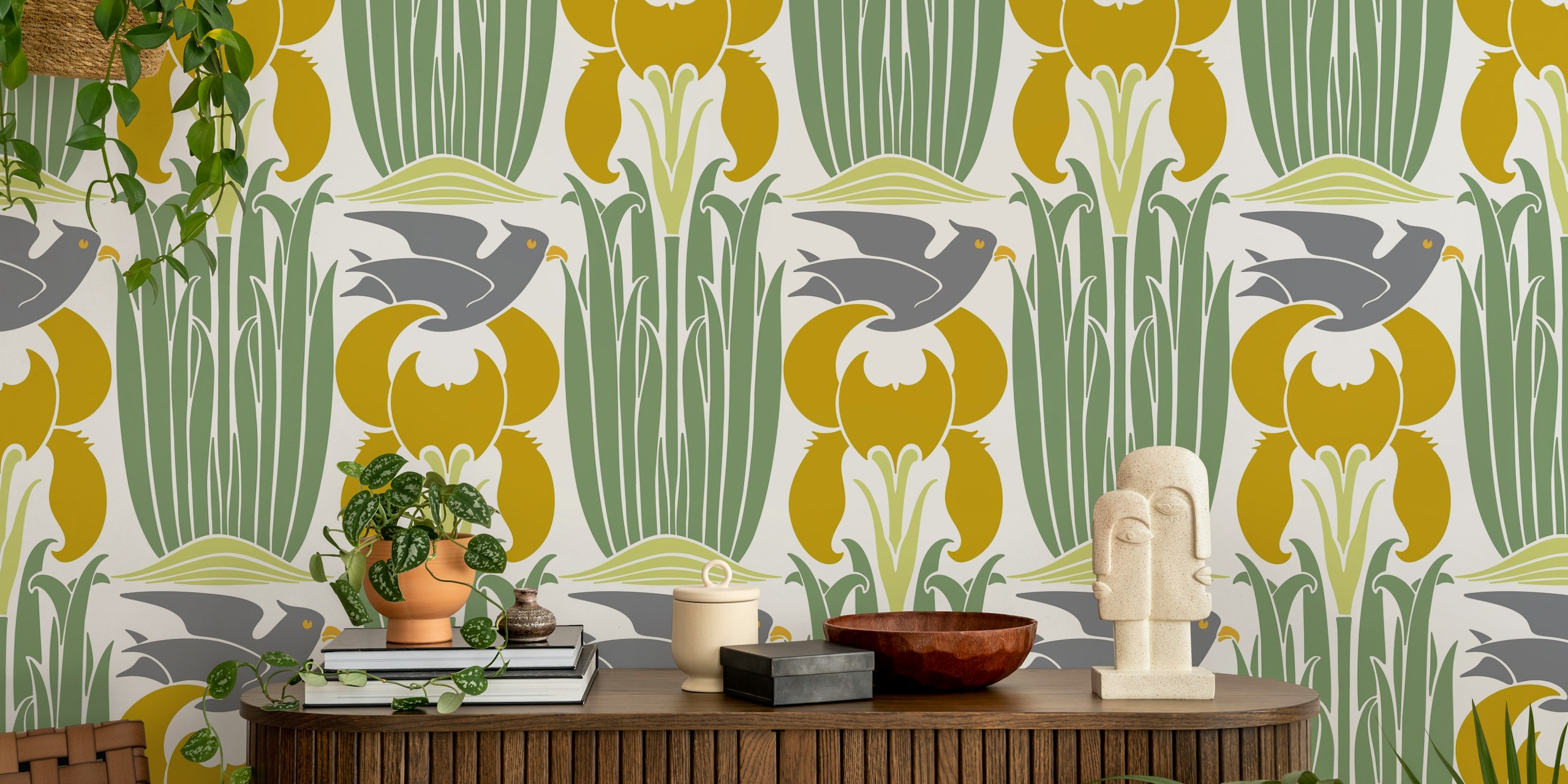 Vintage floral wallpaper with birds and irises in green and yellow colors