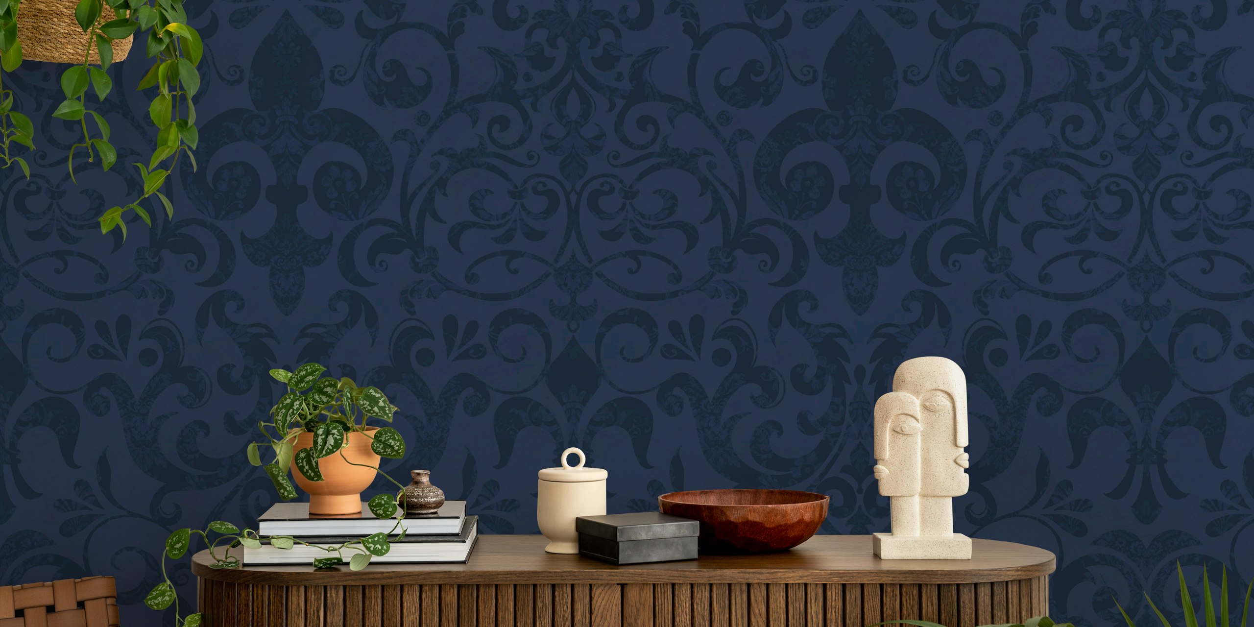 Midnight blue damask wallpaper in room