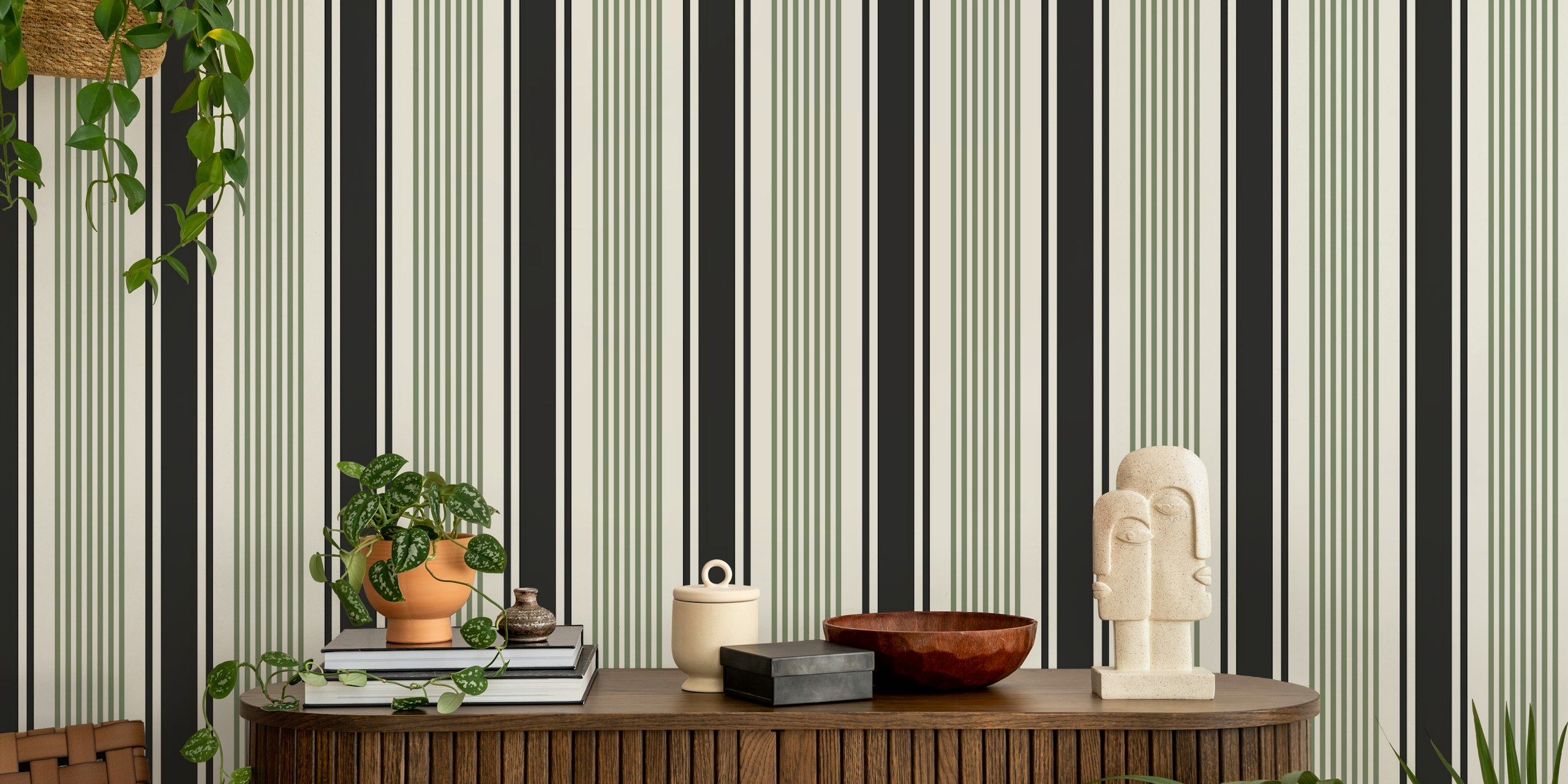 Black and sage vertical stripes wallpaper
