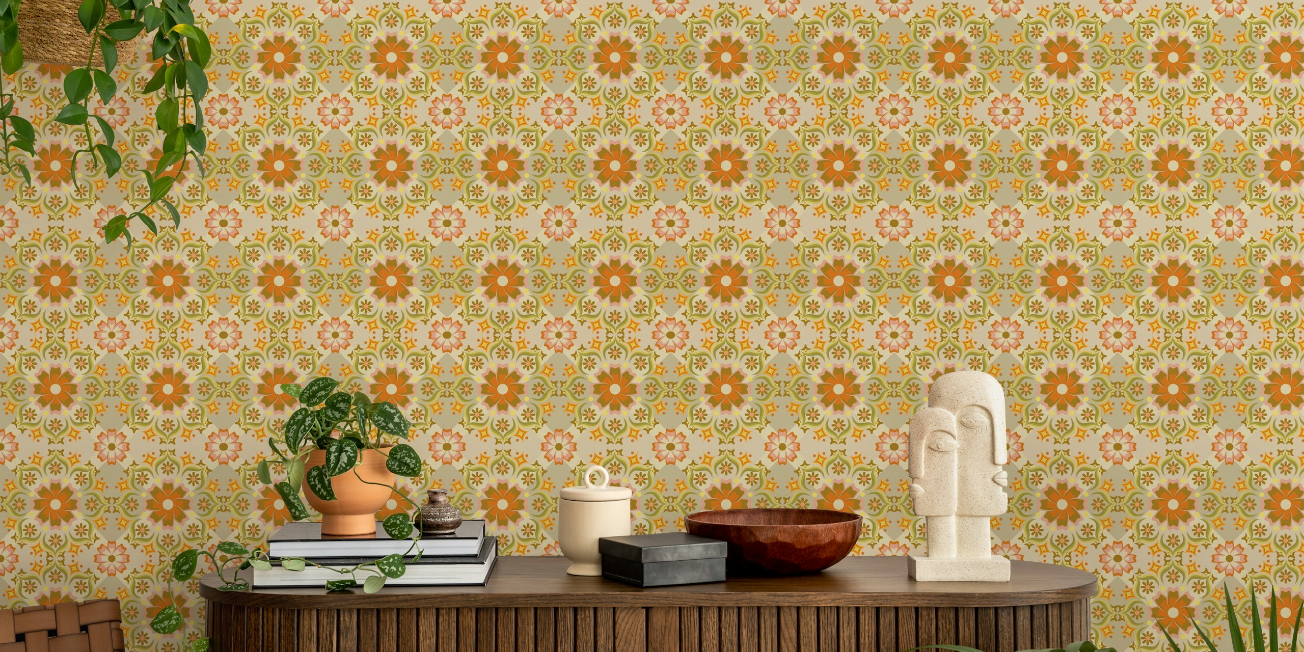 Retro Vintage tiled wallpaper σε ένα δωμάτιο