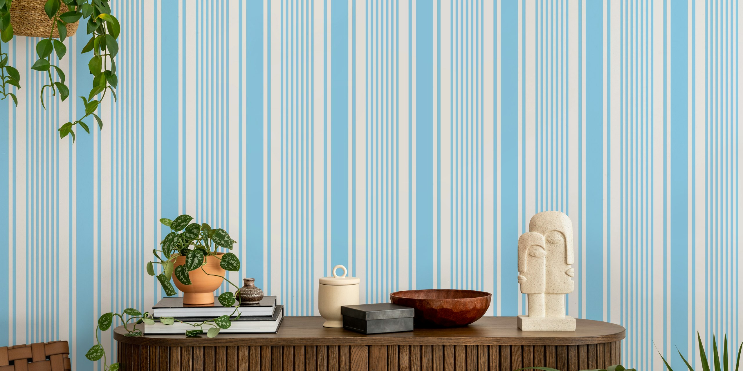Classic stripes light blue wallpaper in a room