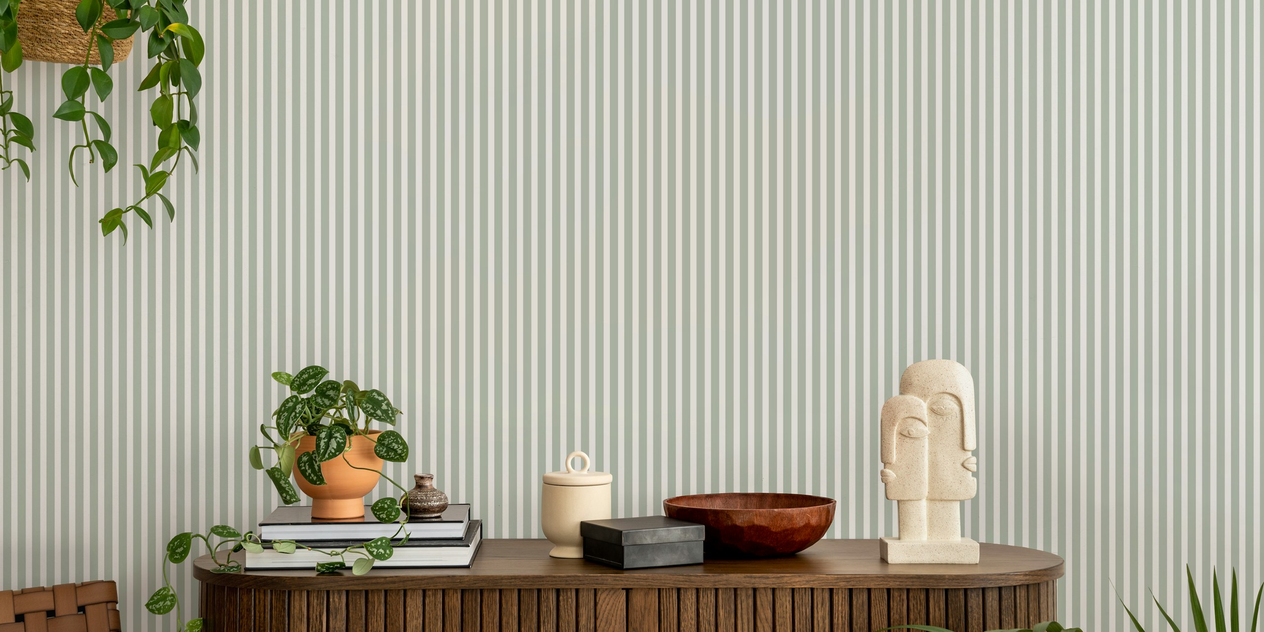 Classic thin stripes wallpaper in sage grey