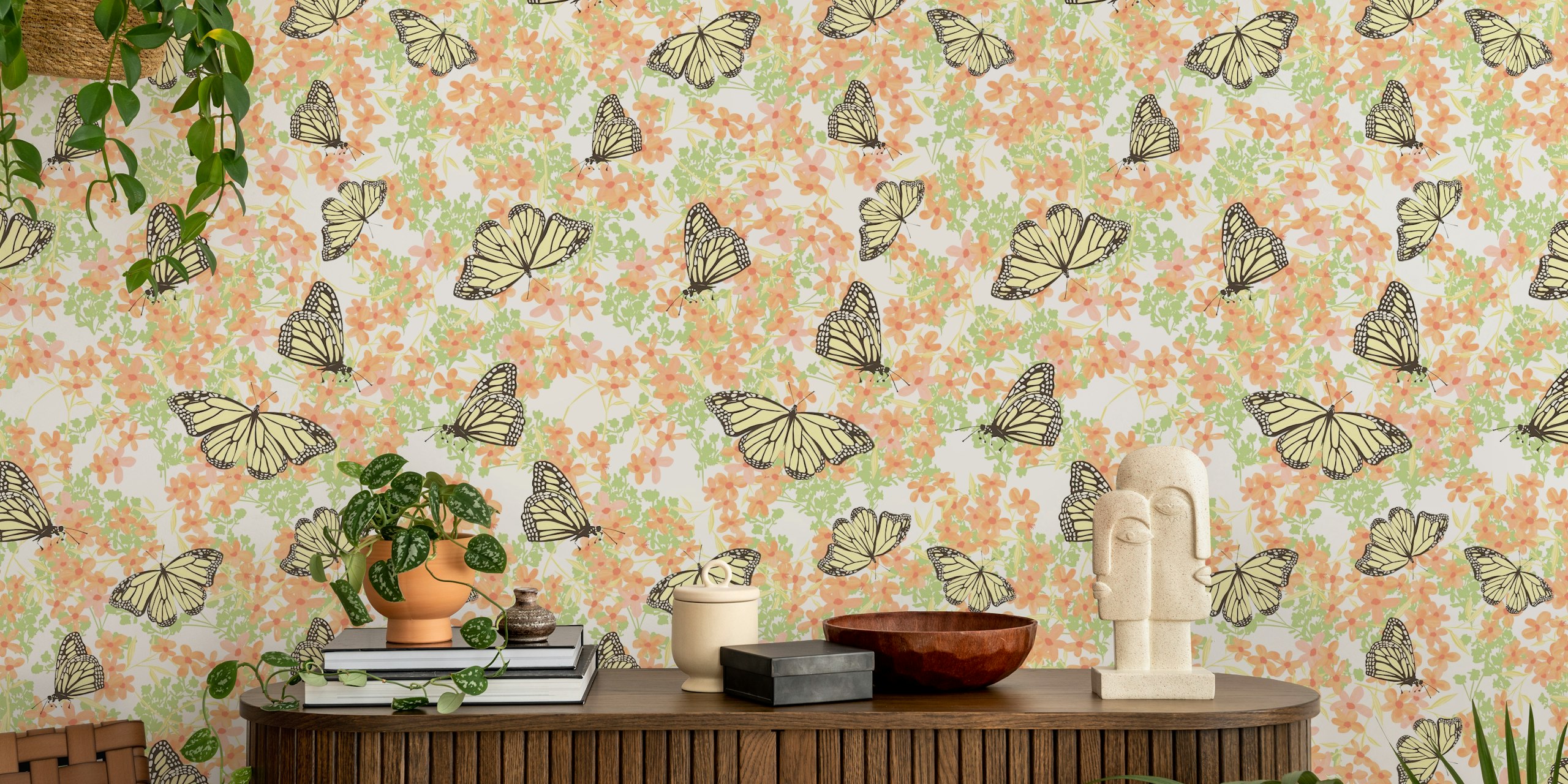 Monarch Butterfly Ditsy Floral wallpaper in a room