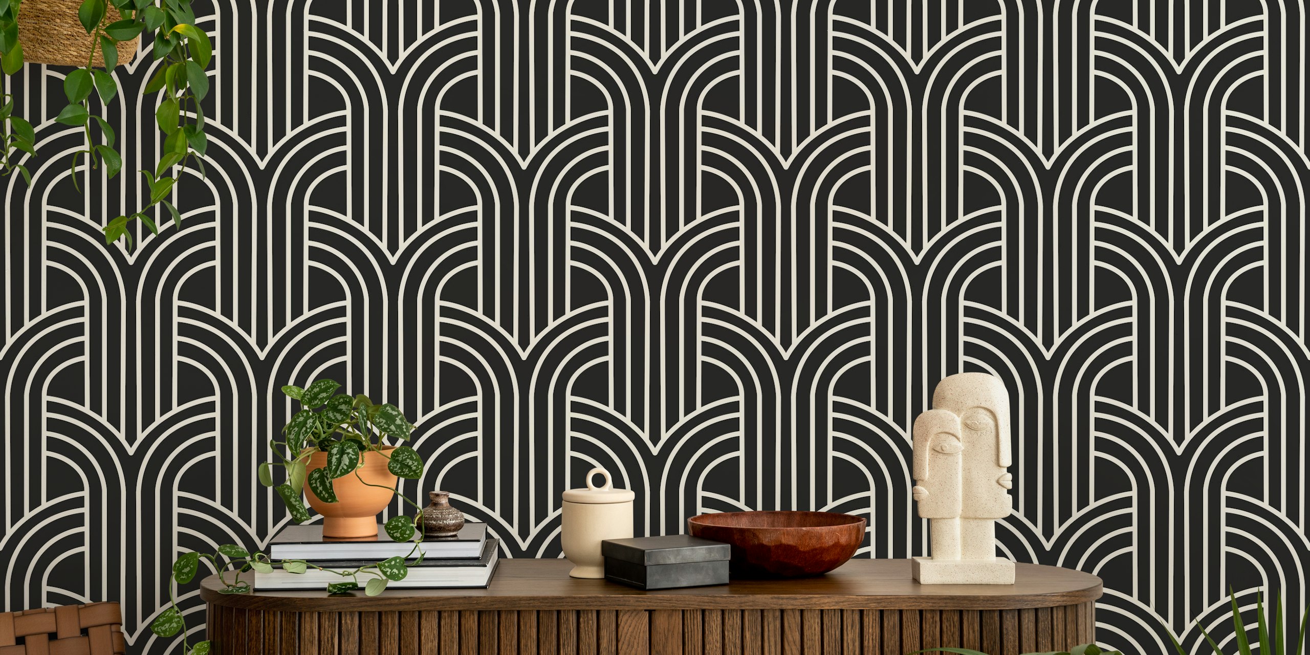 Art Deco papel de parede preto e branco em um quarto