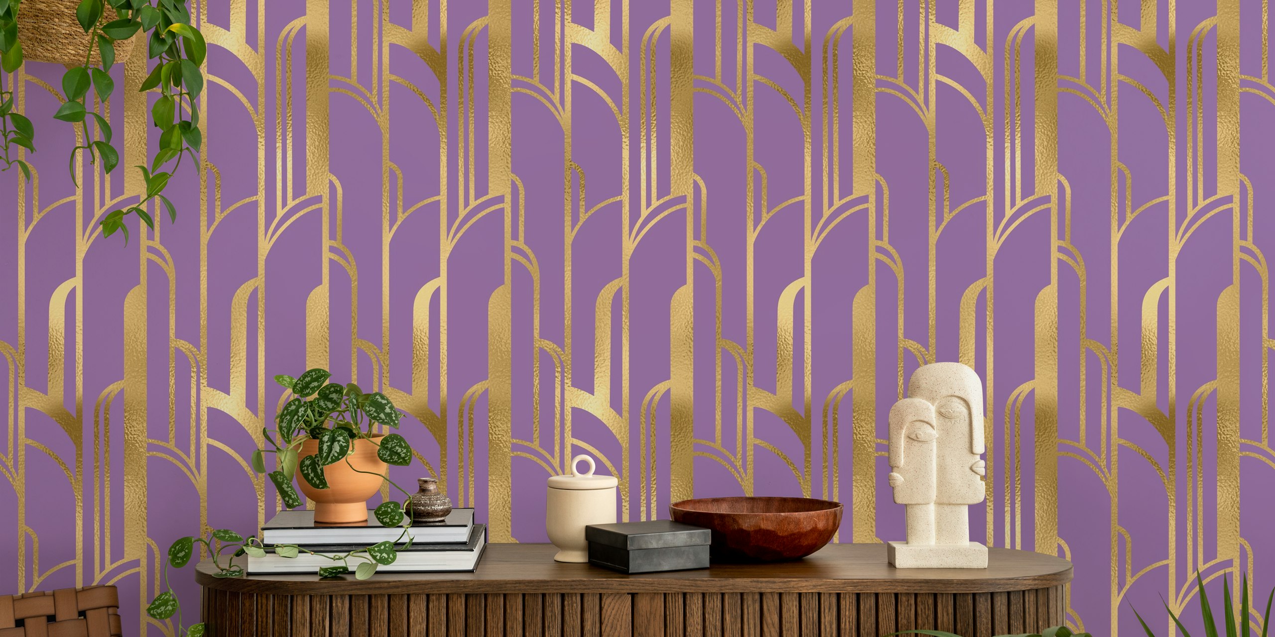 Art Deco design with gold geometric shapes on purple wallpaper