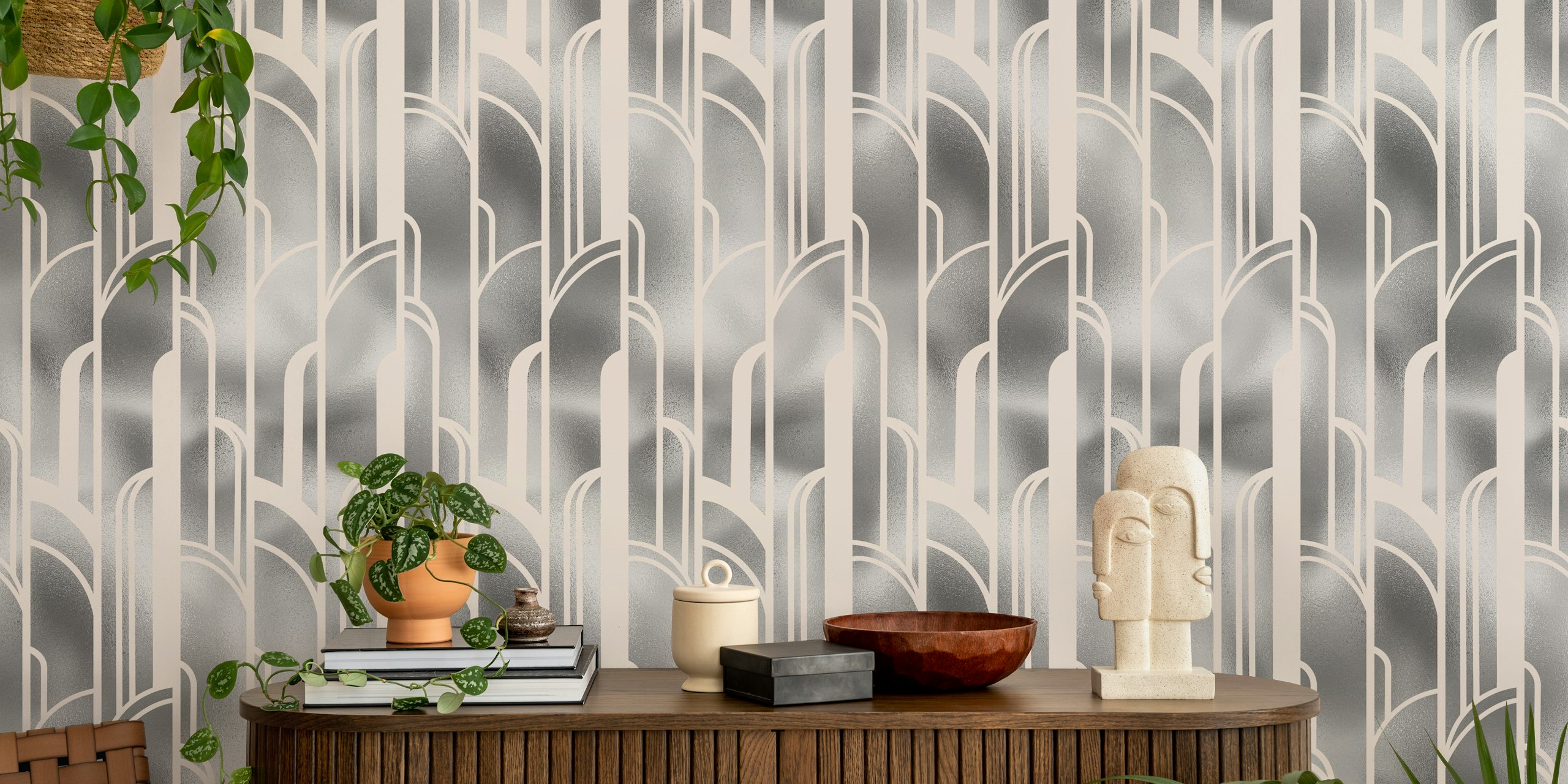 Art Deco pink and silver wallpaper in a room