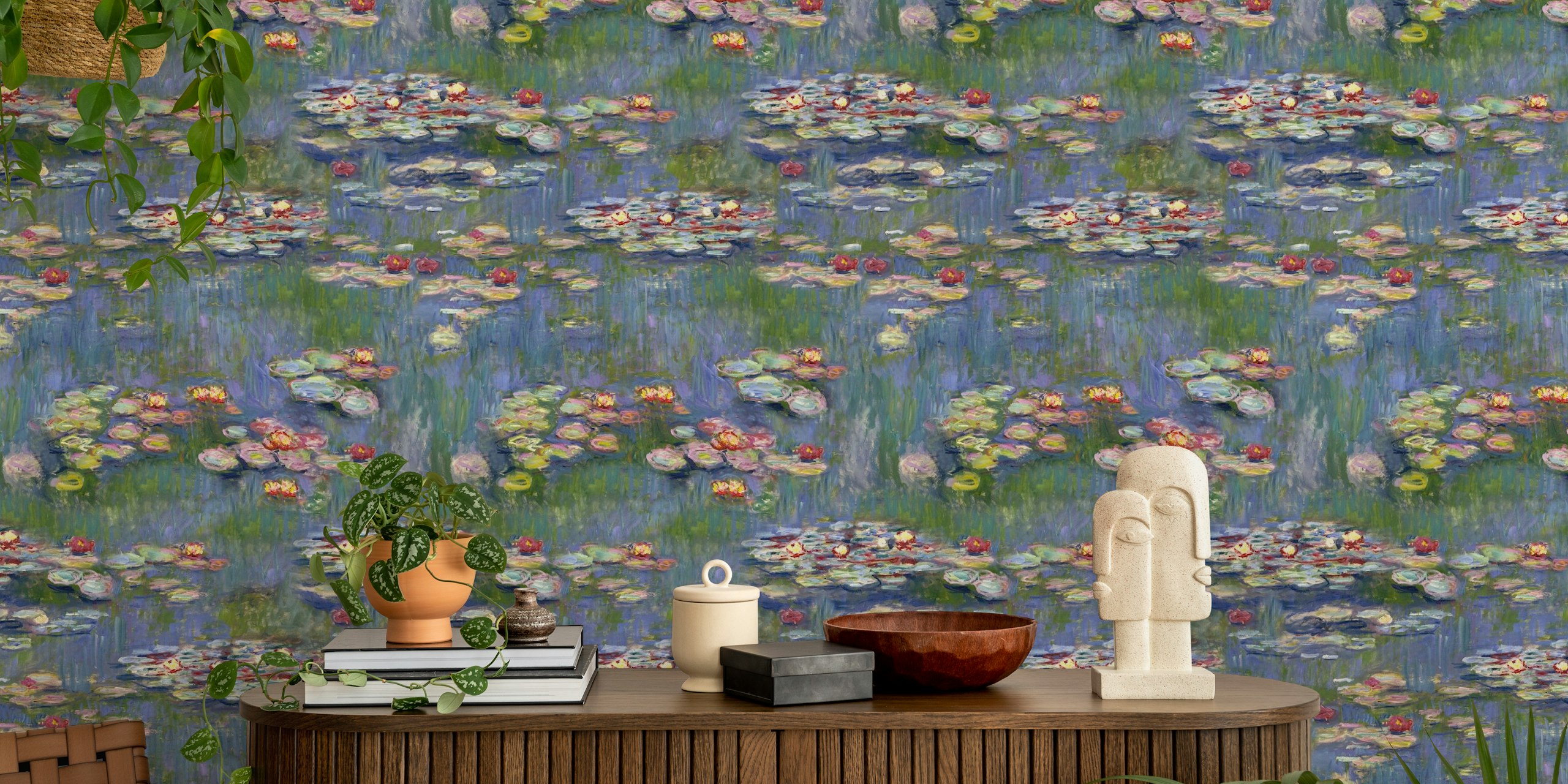Monet water lily pond in shades of blue and green wallpaper