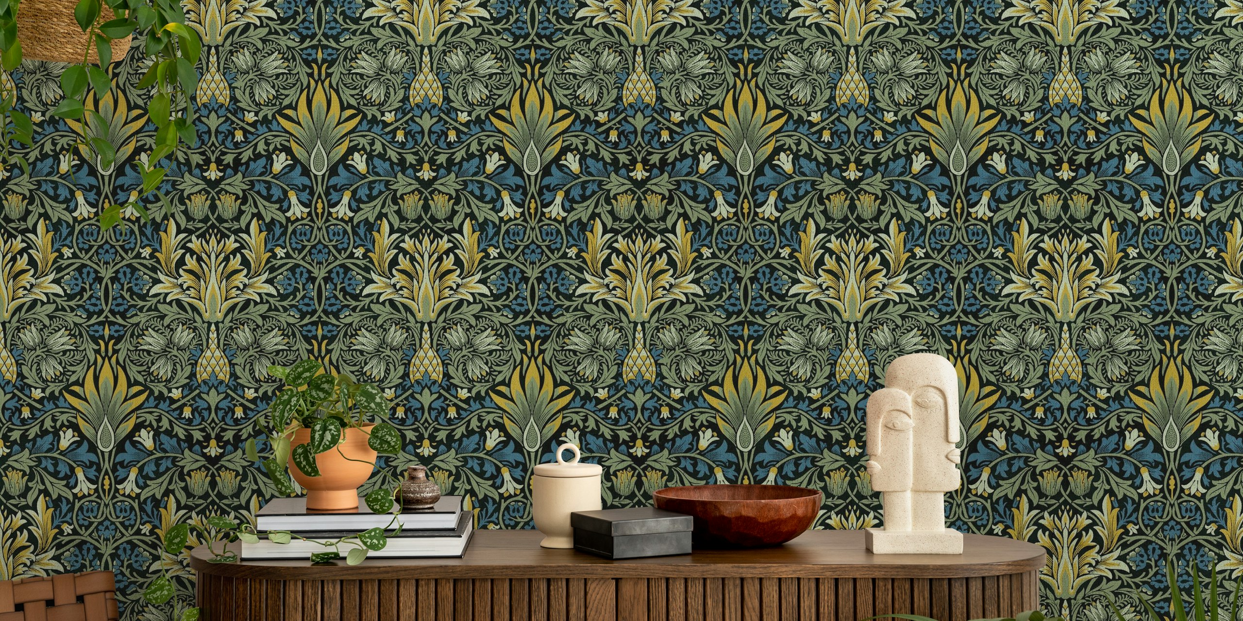 Victorian Snakeshead Pattern Blue Linen wallpaper in a room