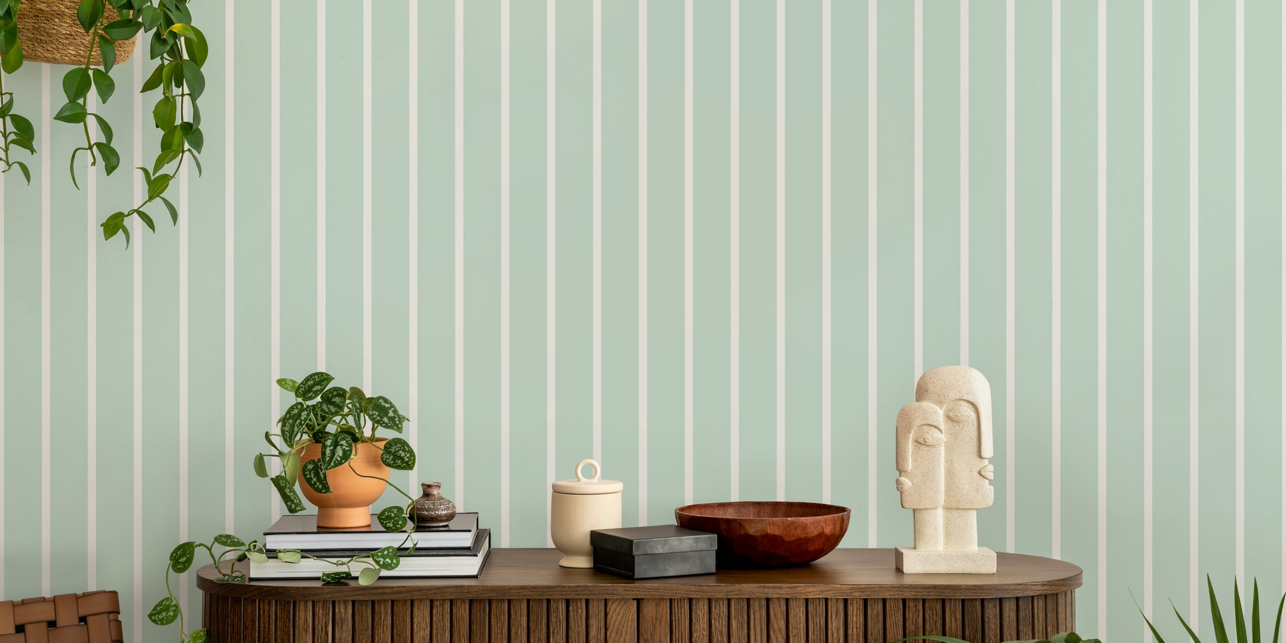 Vertical stripes in mint green and beige pattern wallpaper