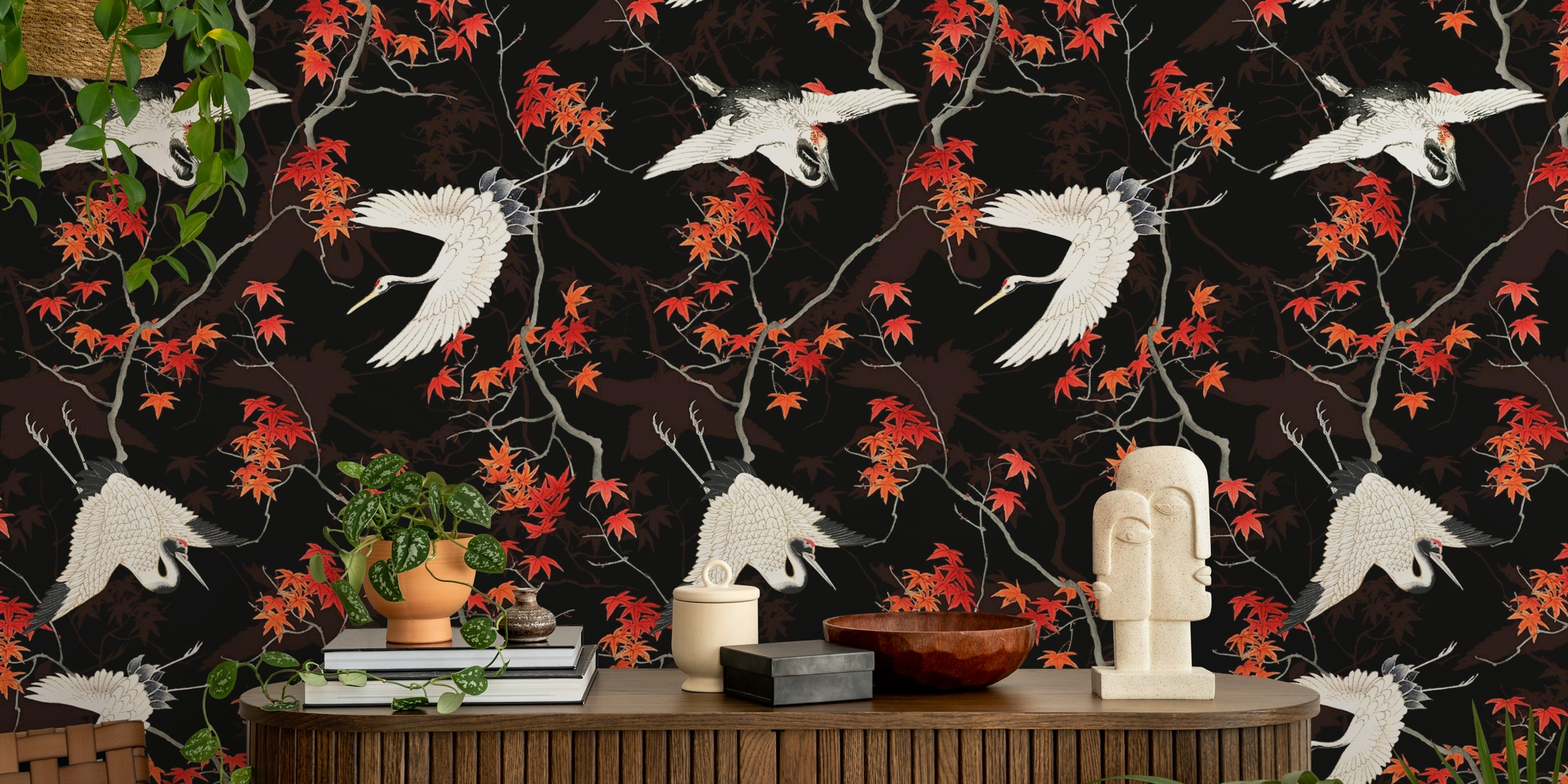 Chinese Cranes And Branches-taustakuvia huoneessa
