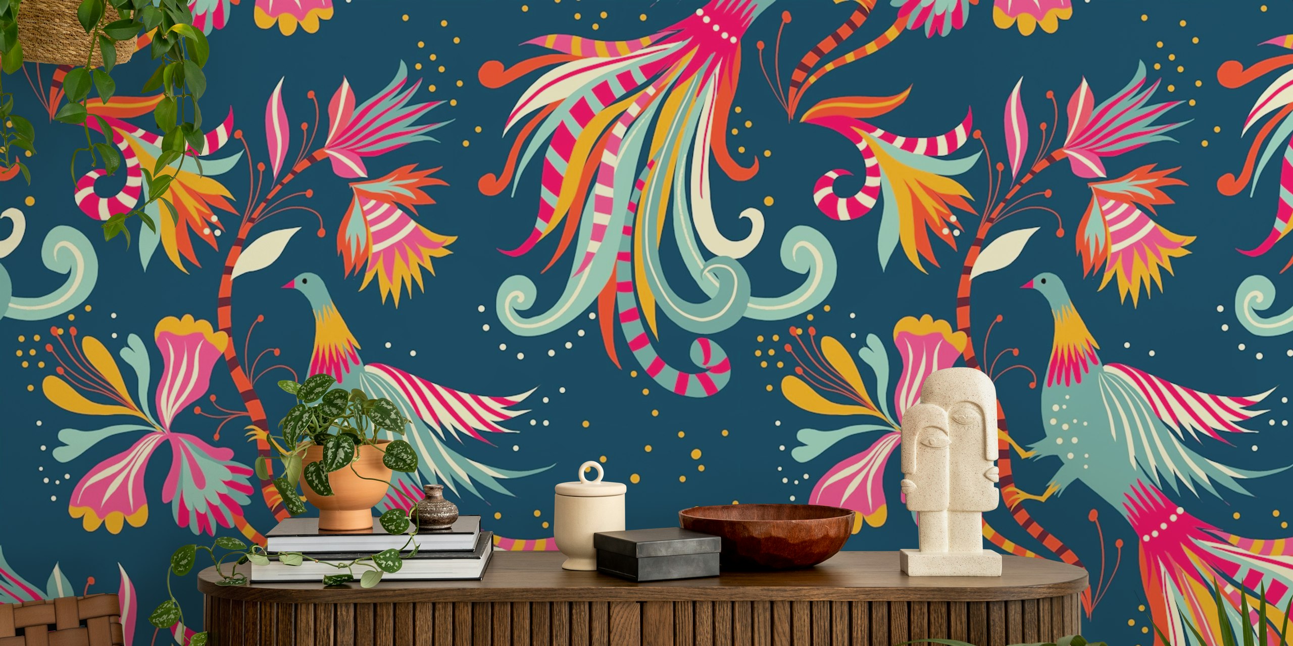 Färgglada fantastiska jungle birds tapeter i ett rum