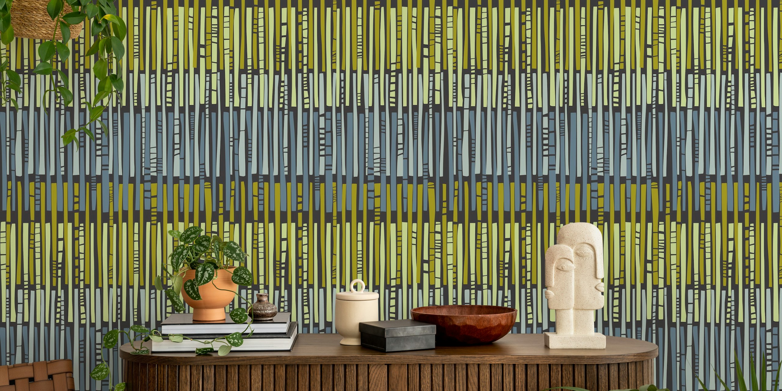 Geometric striped wallpaper featuring blue, yellow, and black colors