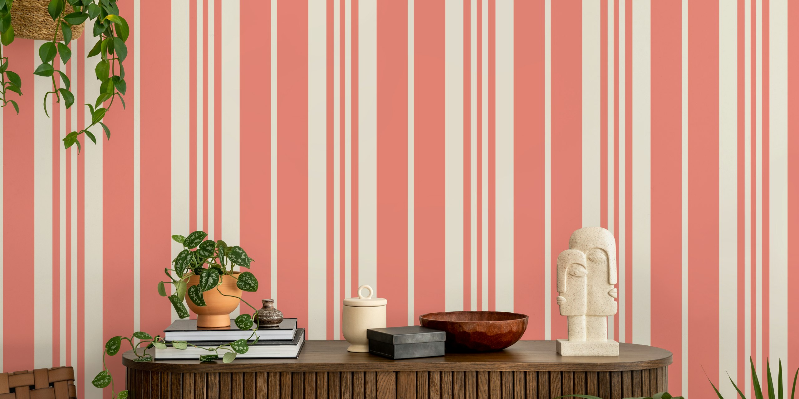 Pink and cream striped vintage wallpaper