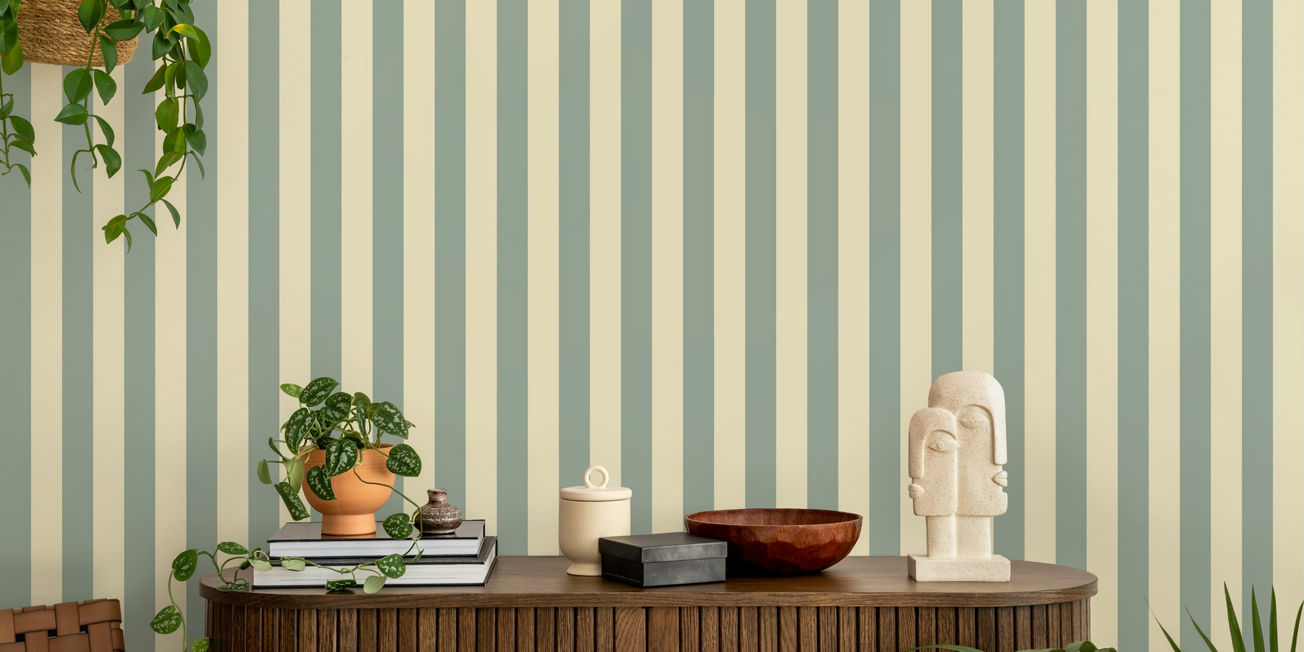 Blue and cream striped wallpaper in a room