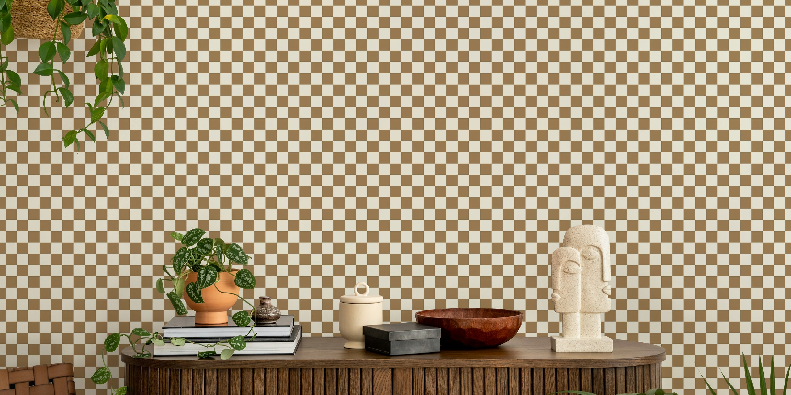 Brown and beige check plaid pattern wallpaper