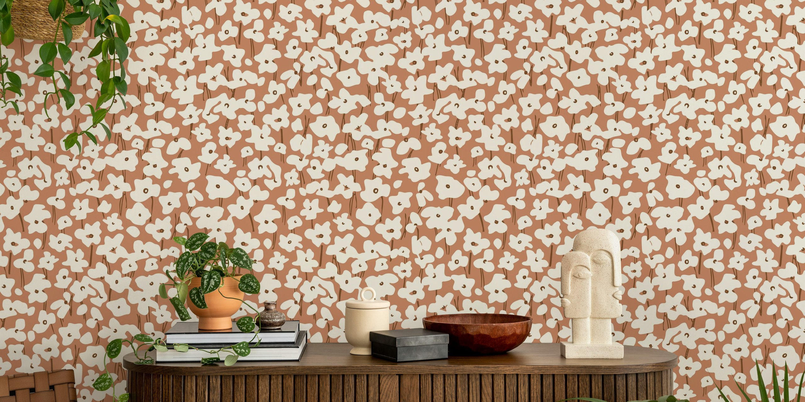 White floral pattern on warm brown background wallpaper