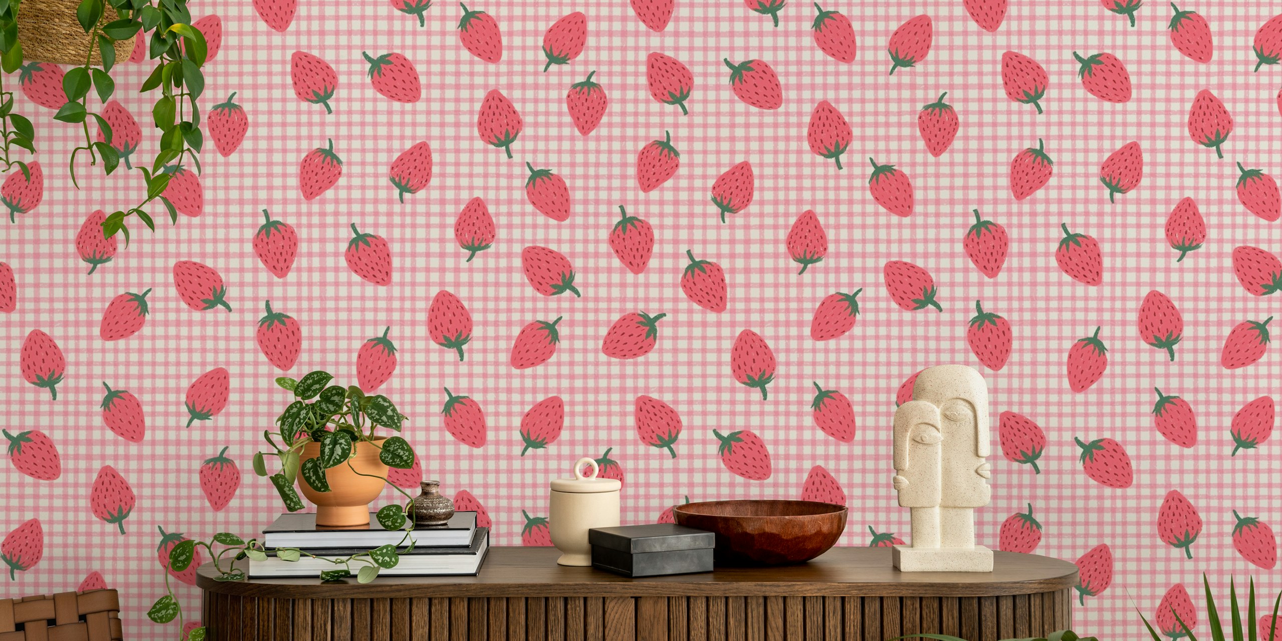 Pink strawberry plaid wallpaper design