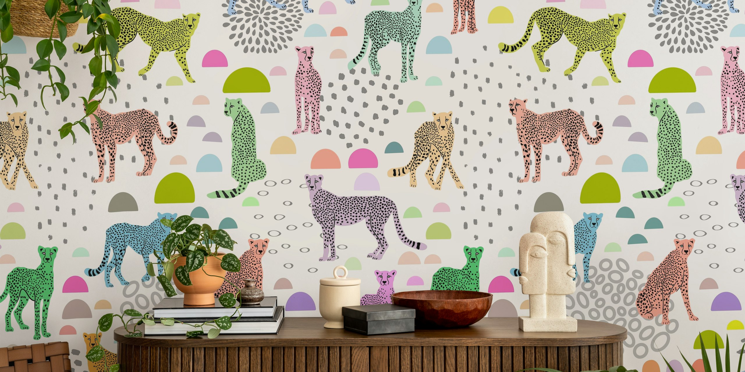 Colorful cheetah wallpaper in a room