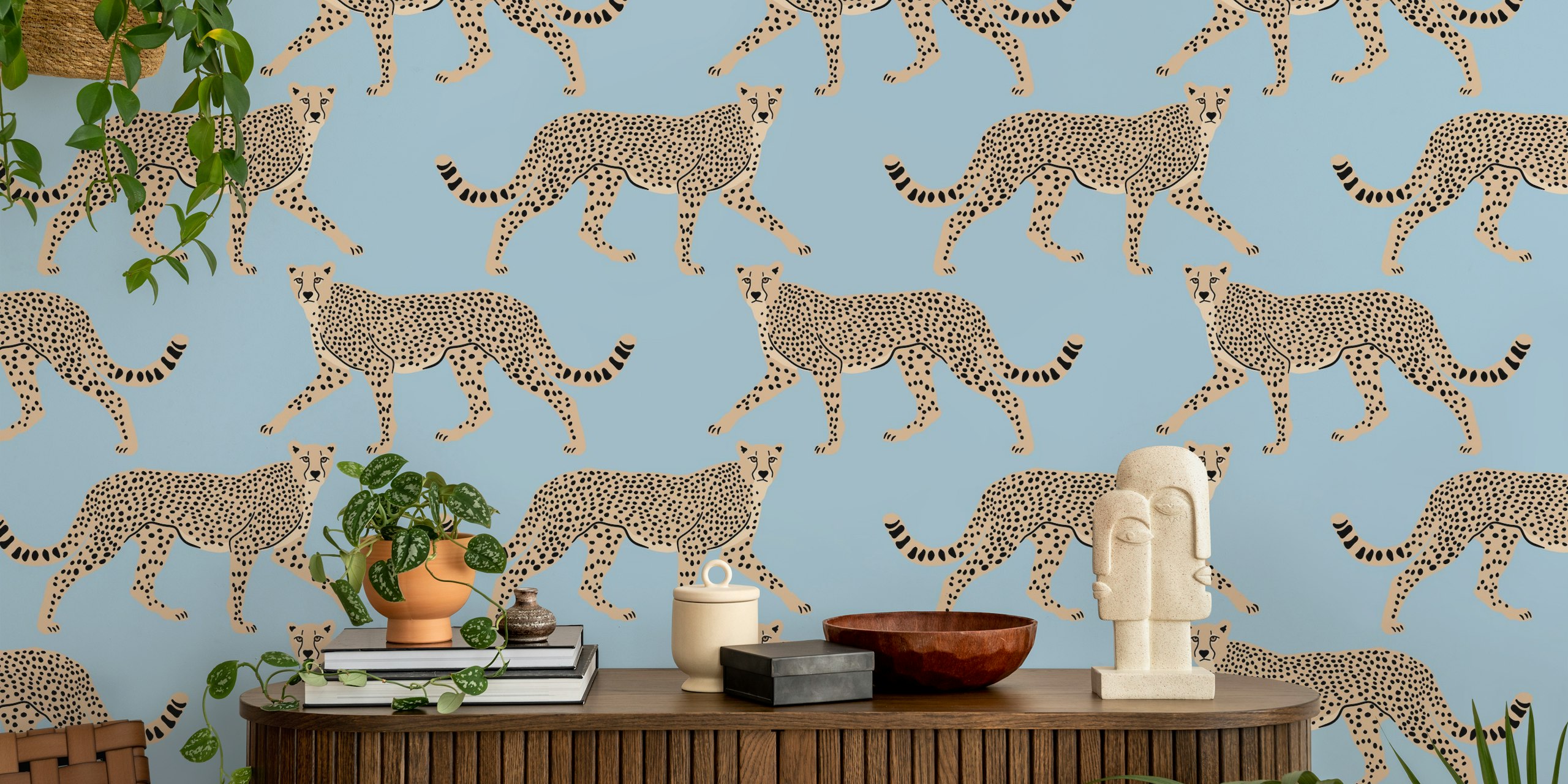 Walking cheetahs on dark steel blue background wallpaper