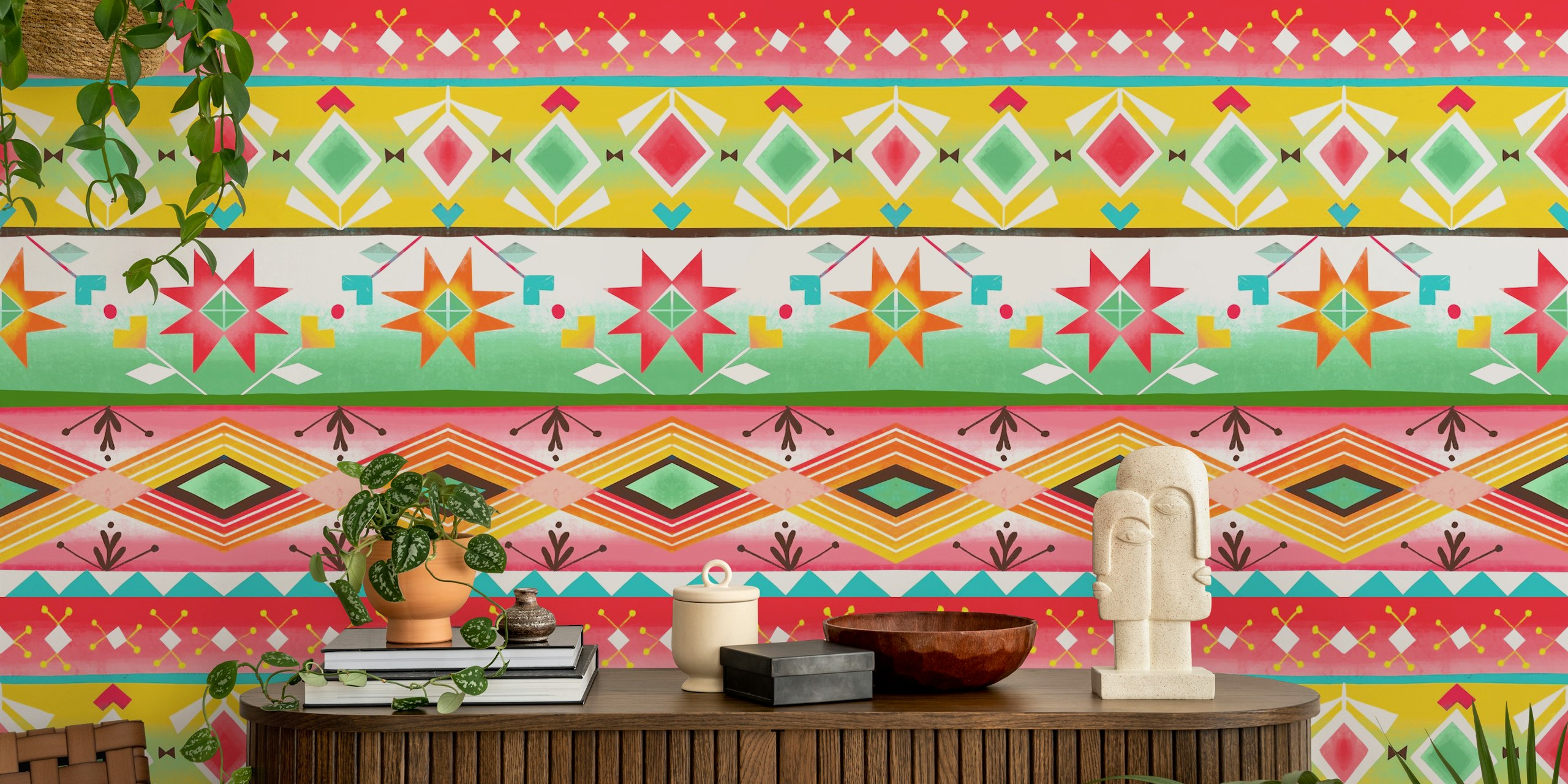 Papel de parede Mexican geometric stripes em um quarto