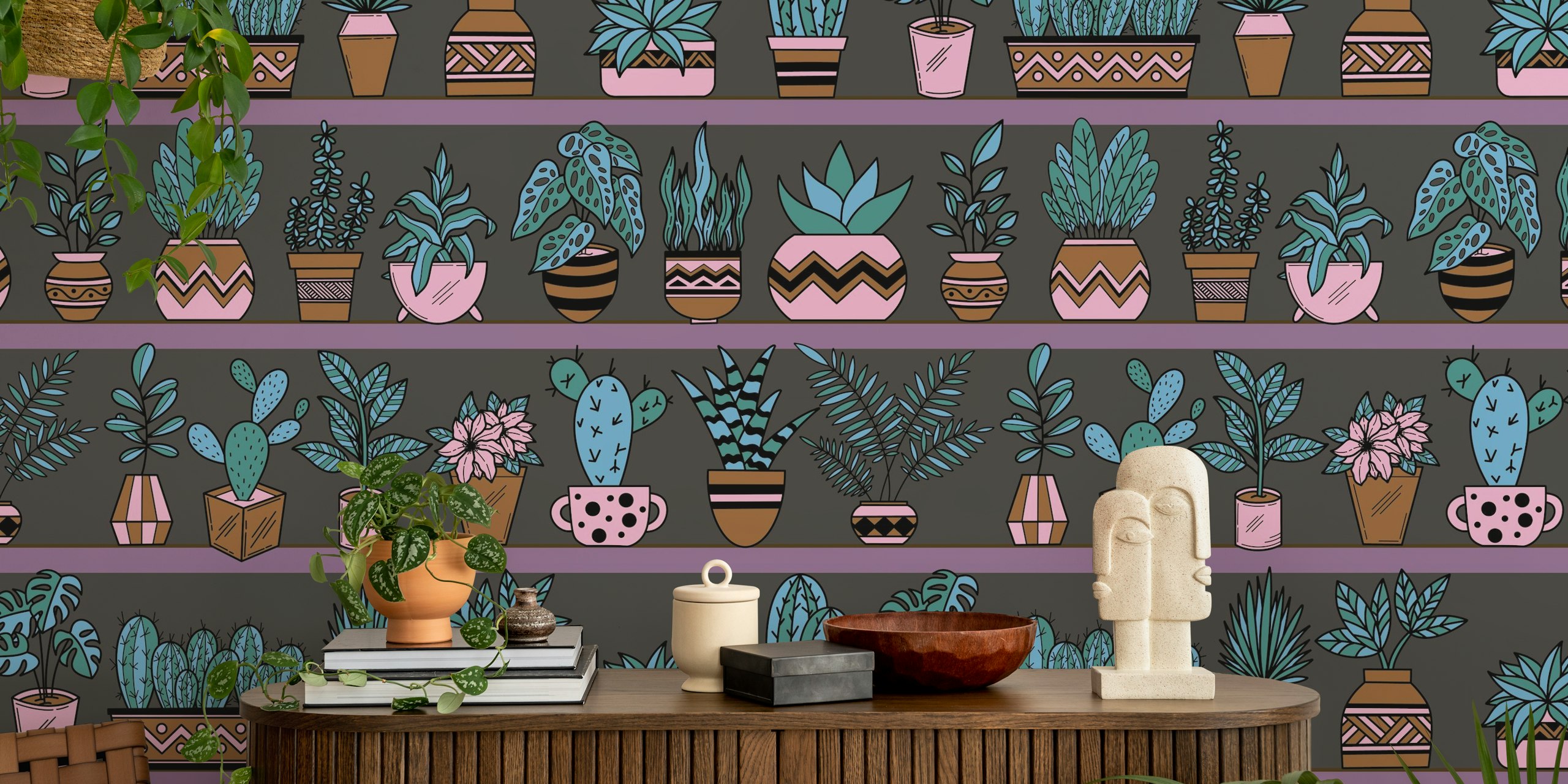 Wallpaper with shelves and vase plants