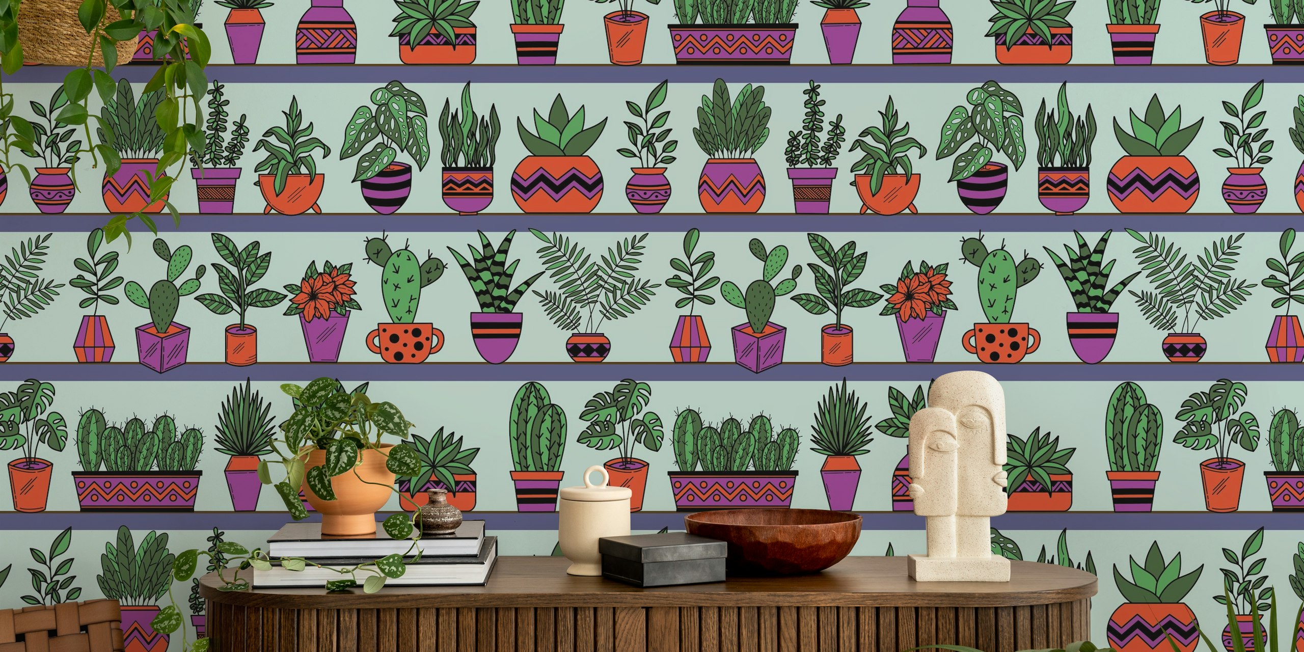 Kleurige wandbekleding met verschillende planten op planken met Vase Plants 3